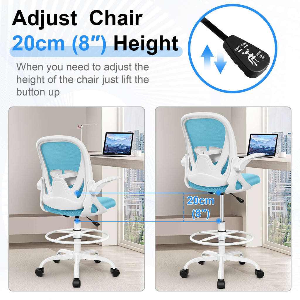 Drafting Chair Tall Office Chair with Flip-up Armrests Executive Ergonomic Computer Standing Desk Chair with Lumbar Support and Adjustable Footrest Ring（Blue）