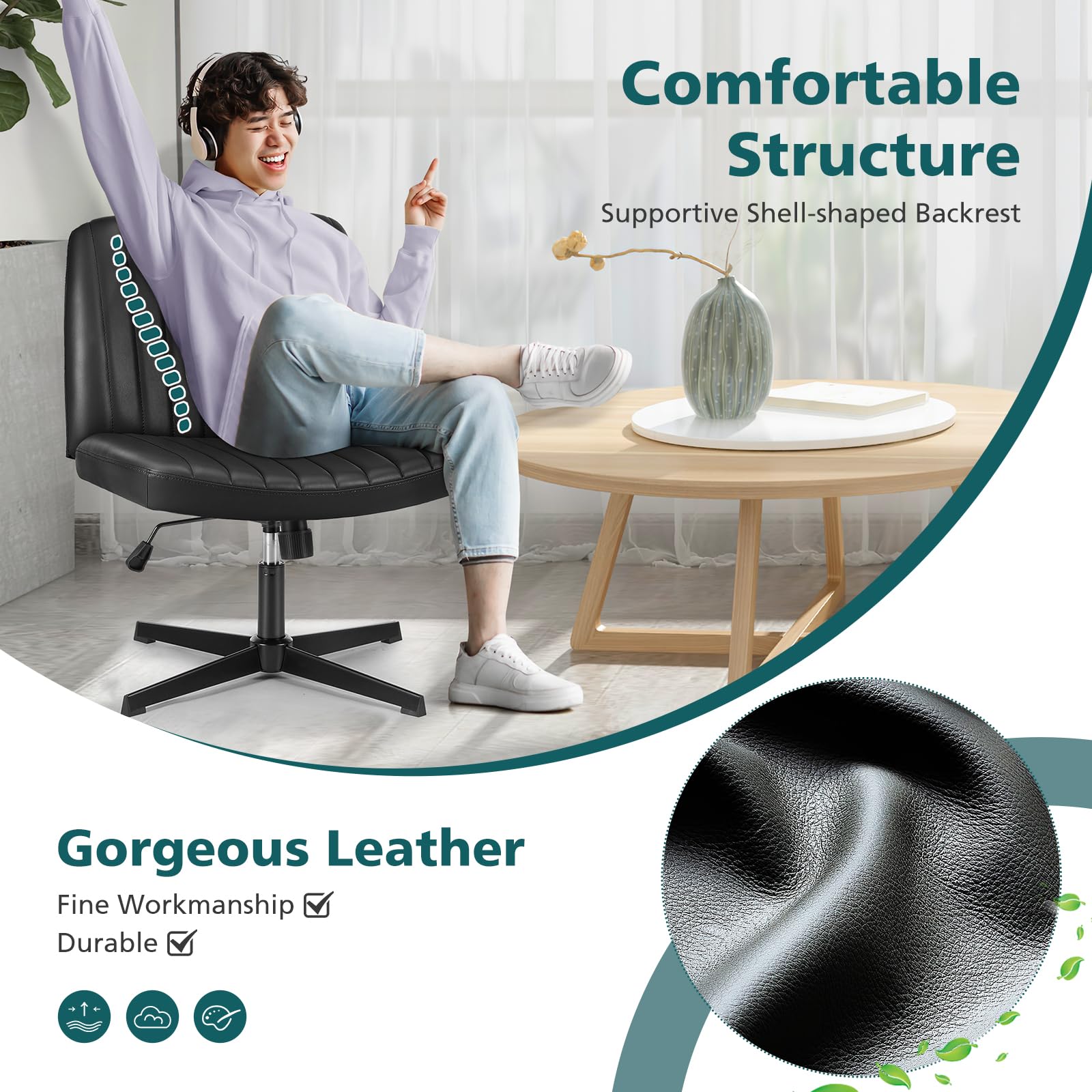Criss Cross Legged Chairs No Wheels, Wide Seat Height Adjustable Swivel Chair,Padded PU Leather Armless Desk Chair for Home Office Bedroom, Student, Study Room,Black-Pu