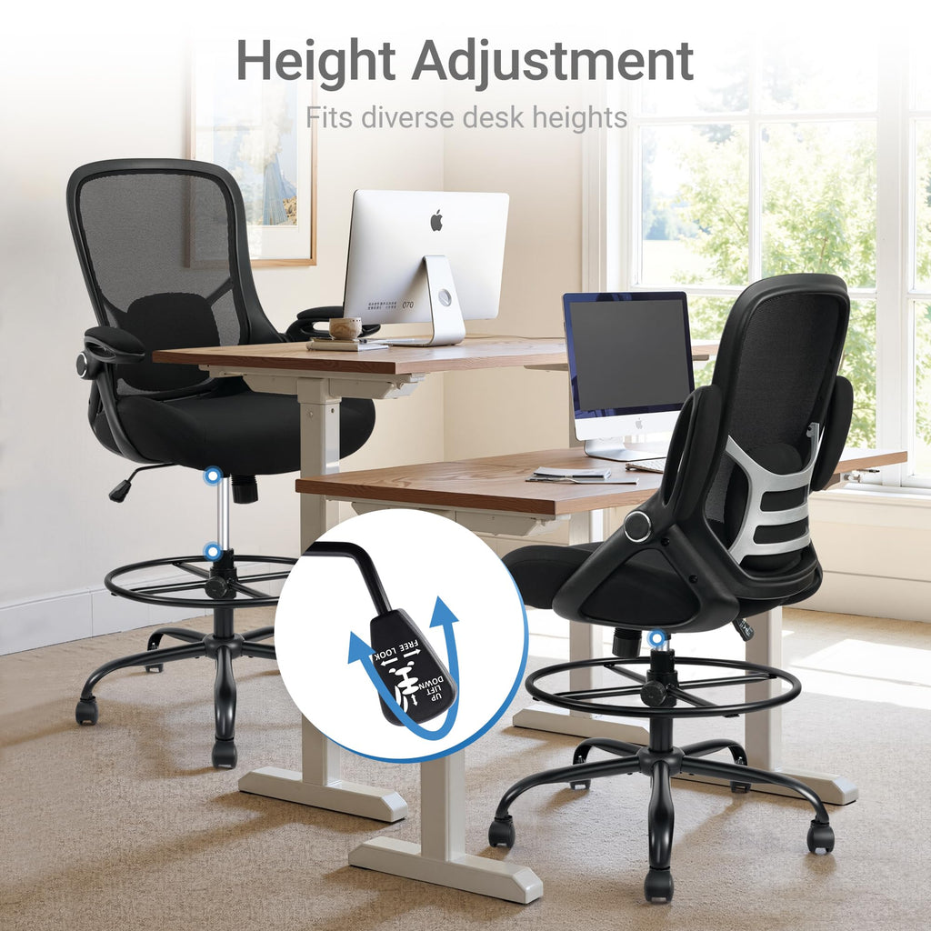 400lbs Big and Tall Heavy Duty Drafting Chair 5" Thickened Seat Tall Office Chair Flip-Up Armrests Ergonomic Chair with Lumbar Support and Adjustable Footrest Ring Standing Desk Chair (Black)