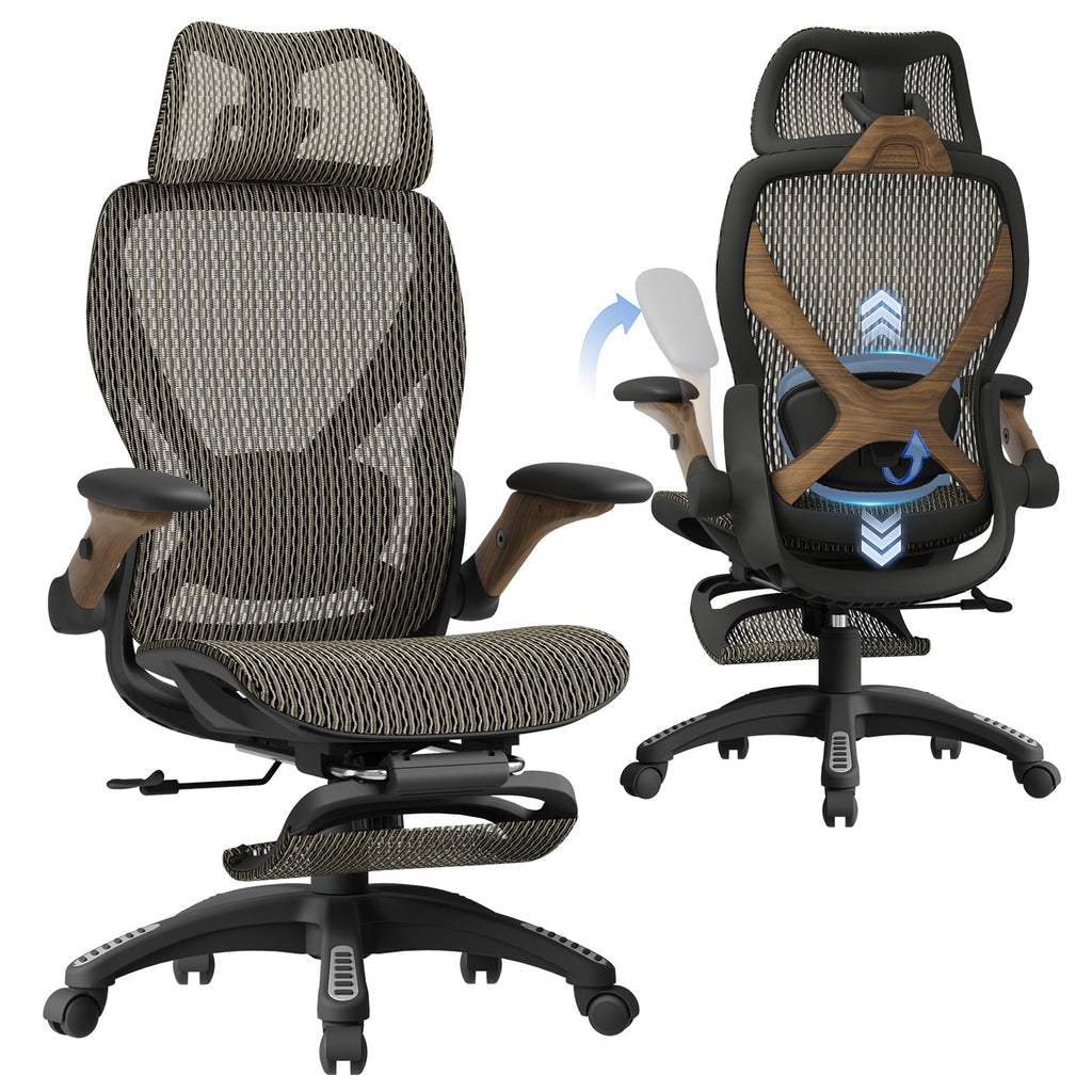 X100 Ergonomic Office Chair with Footrest, Big and Tall Home Desk Chair with 5D Flip-Up Arms, Adjustable 3D Lumbar Support,High Back Rolling Computer Chair, Swivel Mesh Chairs (Coffee Break)