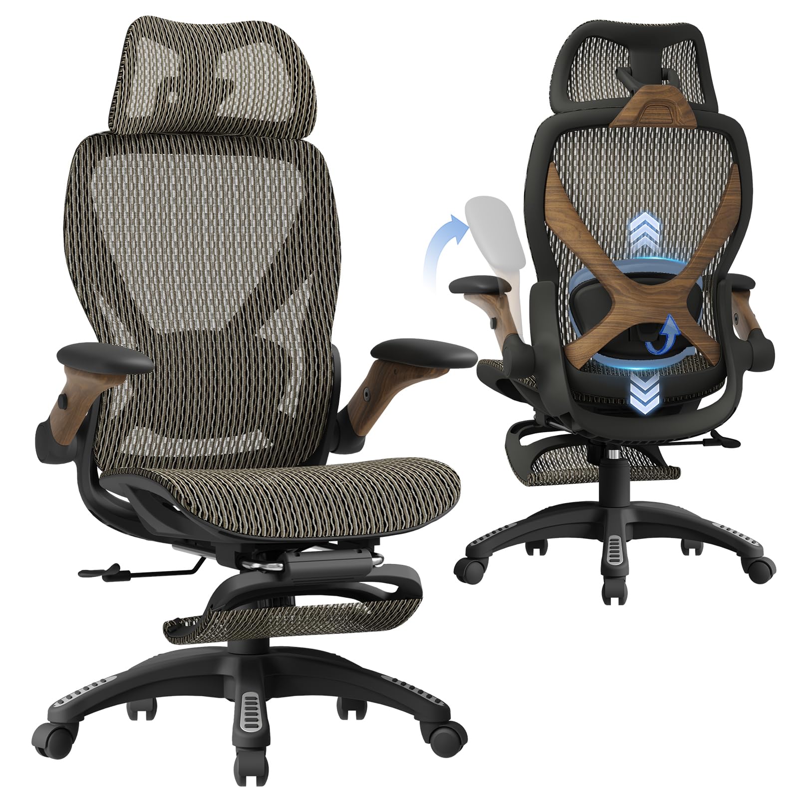 X100 Ergonomic Office Chair with Footrest, Big and Tall Home Desk Chair with 5D Flip-Up Arms, Adjustable 3D Lumbar Support,High Back Rolling Computer Chair, Swivel Mesh Chairs (Coffee Break)
