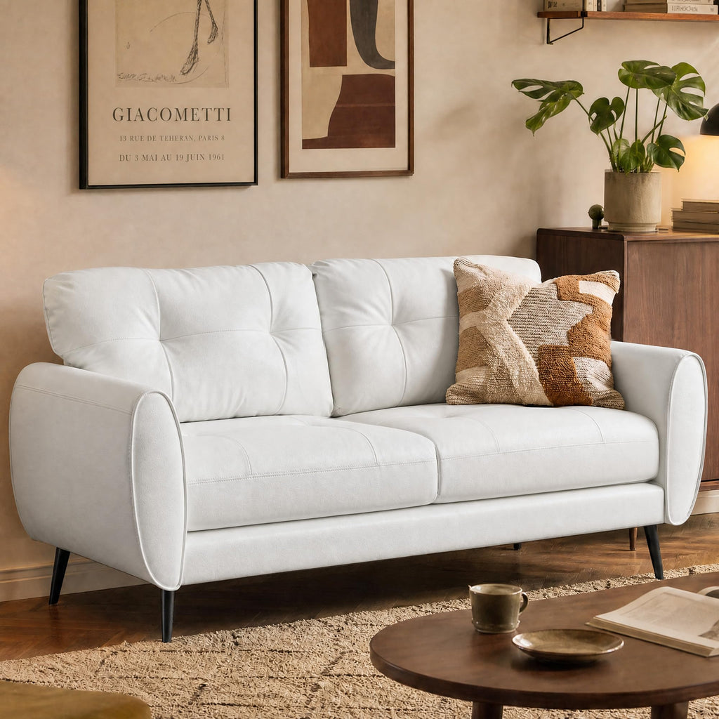 61" Loveseat Couches for Living Room, White Faux Leather Couch Mid Century Modern Tufted Mini Sofa Comfy Office 2 Seat Settee Love Seat Small Couches for Small Spaces Bedroom, White