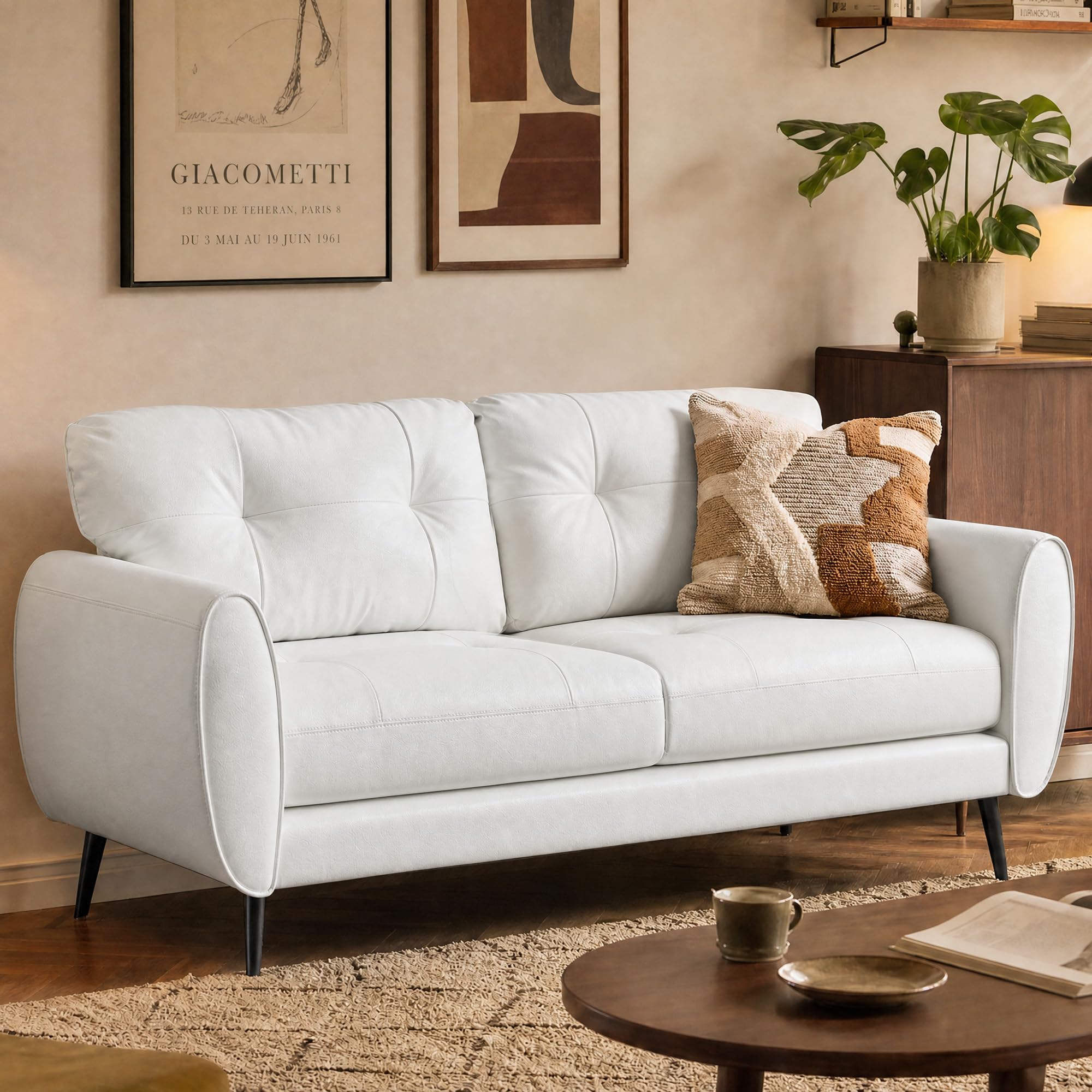 61" Loveseat Couches for Living Room, White Faux Leather Couch Mid Century Modern Tufted Mini Sofa Comfy Office 2 Seat Settee Love Seat Small Couches for Small Spaces Bedroom, White