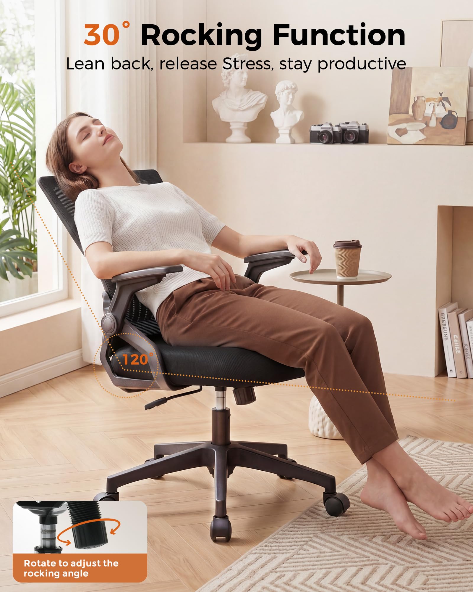 Ergonomic Office Chair with Flip-up Armrests Executive Computer Chair for Home Office, Breathable Mesh & Comfy Lumbar Support, Black