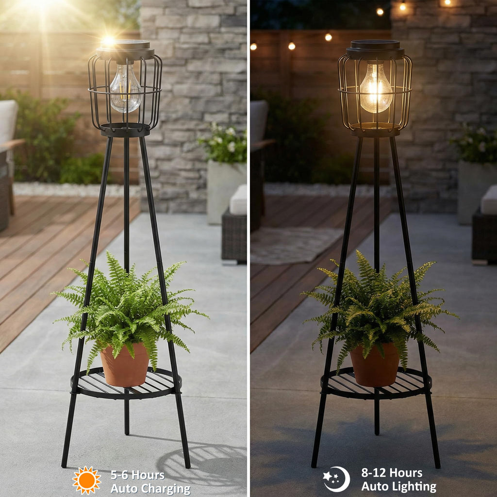 2 Pack Solar Lights with Plant Stand, Outdoor Floor Lamp, Waterproof Solar LED Edison Bulb Floor Lamps for Patio Porch Deck Yard Garden Decor