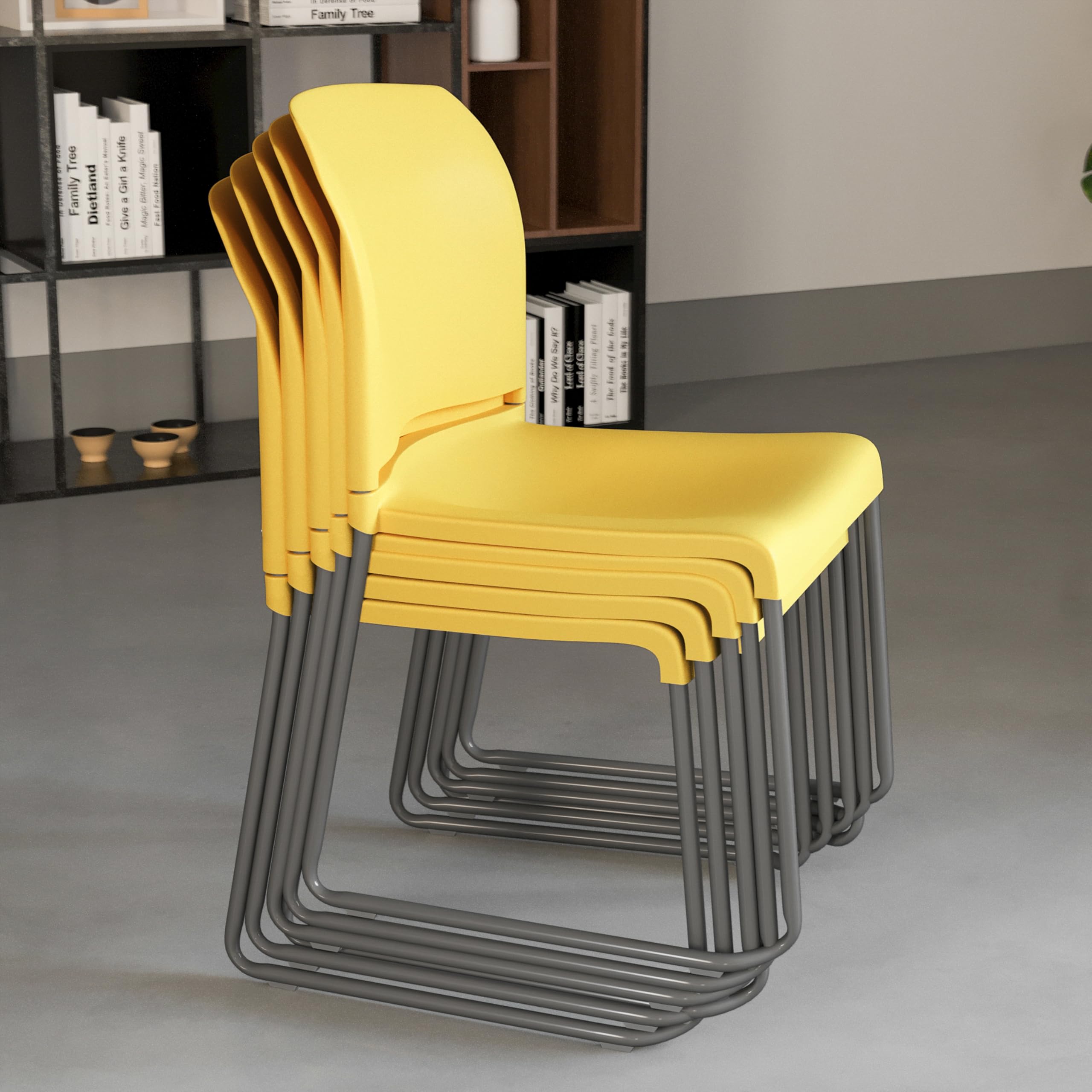HERCULES Series 5 Pack 880 lb. Capacity Yellow Full Back Contoured Stack Chair with Gray Powder Coated Sled Base