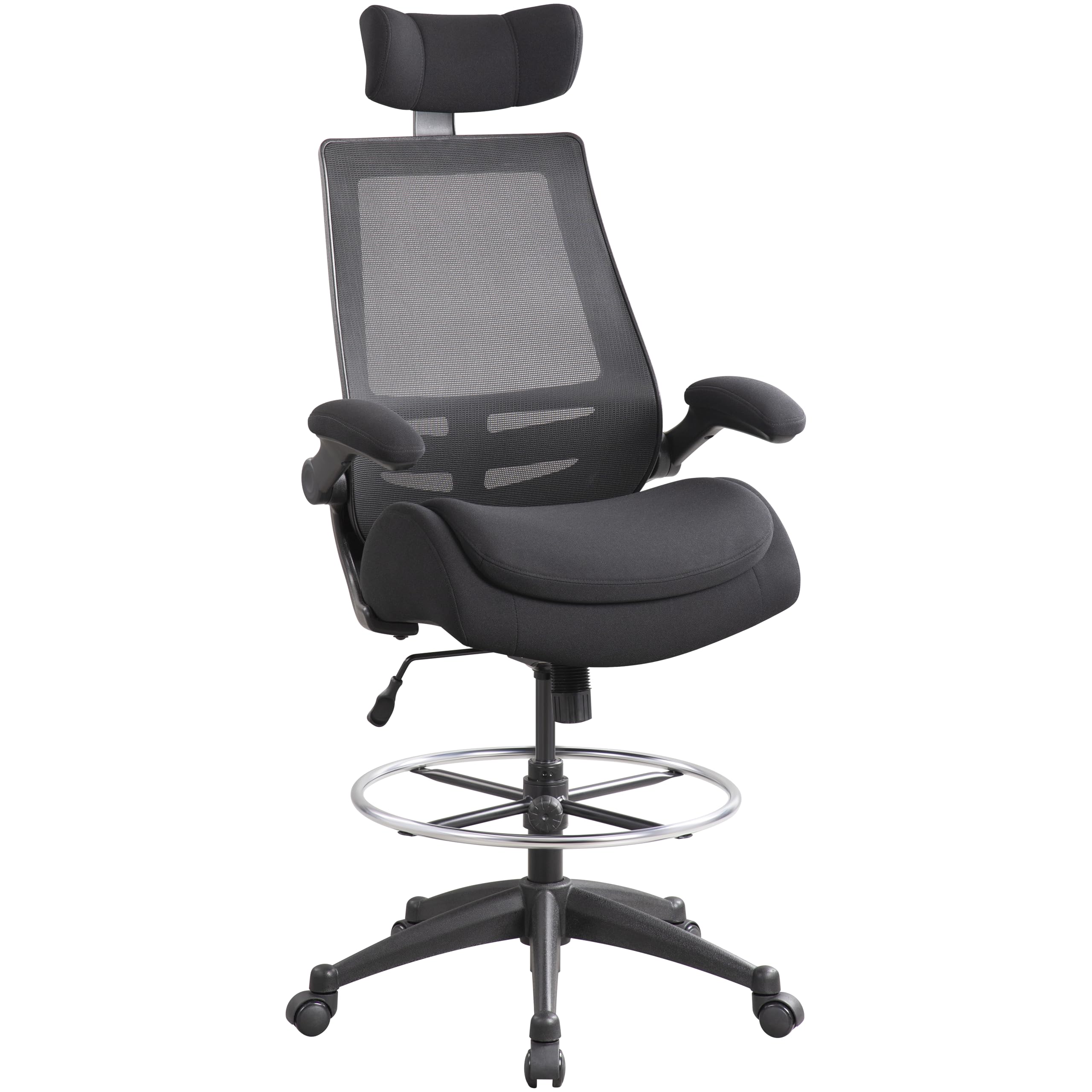 Drafting Chair 400lbs - High Back Ergonomic Office Chair for Standing Desk with Double Thick Seat Cushion, Adjustable Foot Ring, Lumbar Support & Flip Up Armrests (Black)