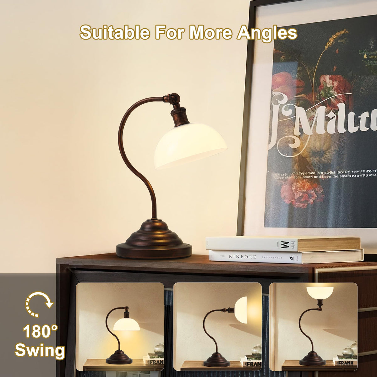 Cordless Table Lamp, Battery Operated Vintage Desk Light, Bronze & White