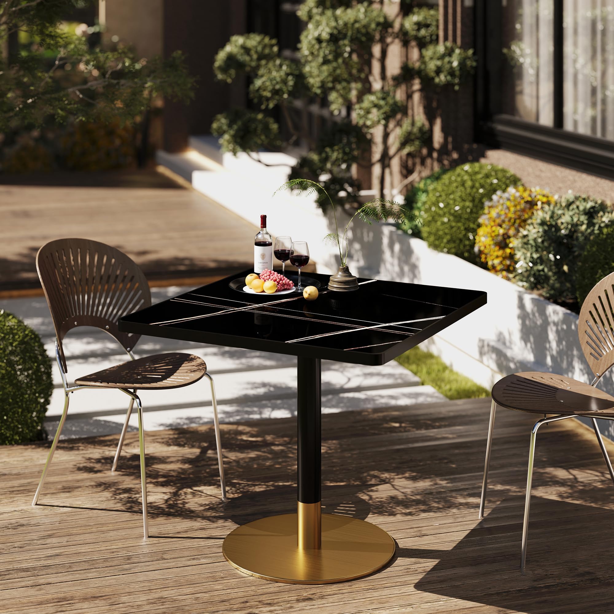 hausway 31.5" Tulip Table,Square Kitchen Dining Table for 2-4 with Thick Sintered Stone Top,Titanium Golden Pedestal Base,Heat-Resistant,Bistro Table for Dining Room,Café,Small Space（Gilded Chord）