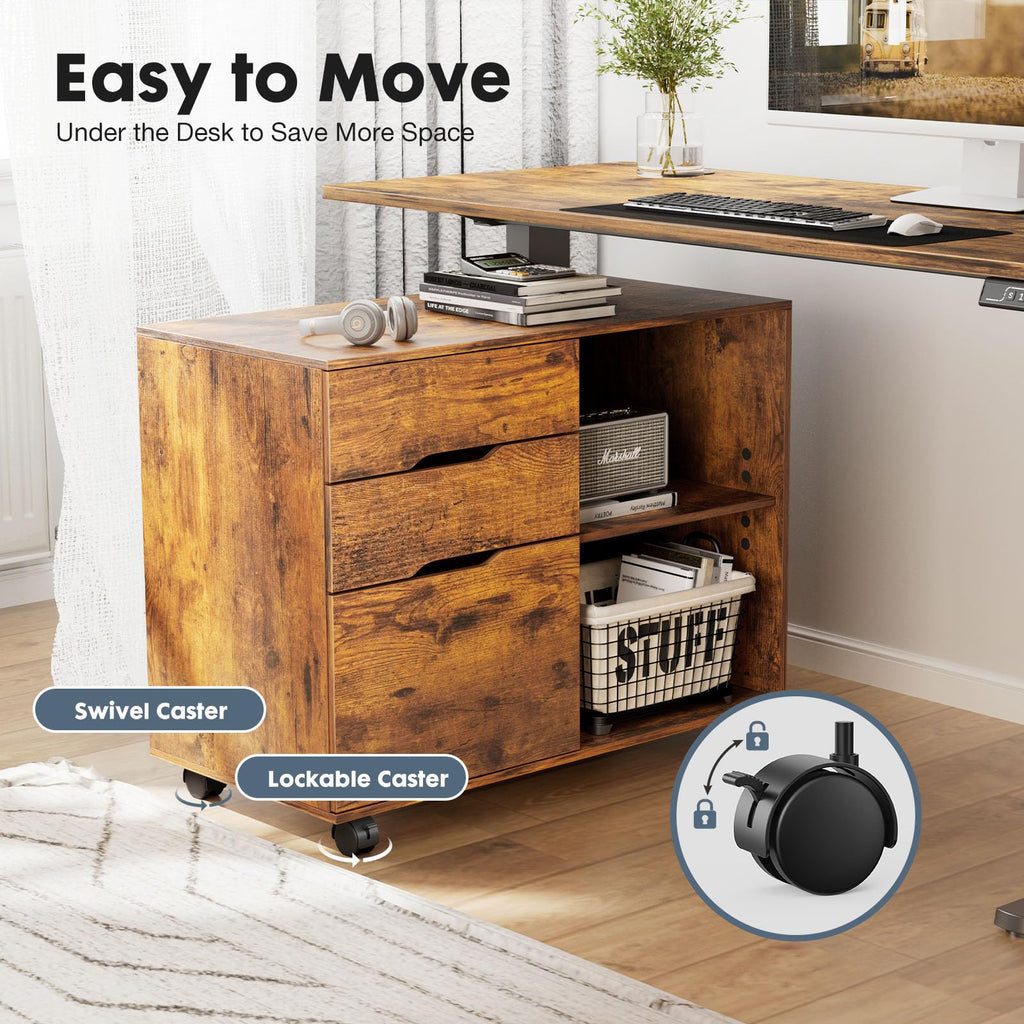 Wood File Cabinet with 3 Drawers, Rolling Printer Stand