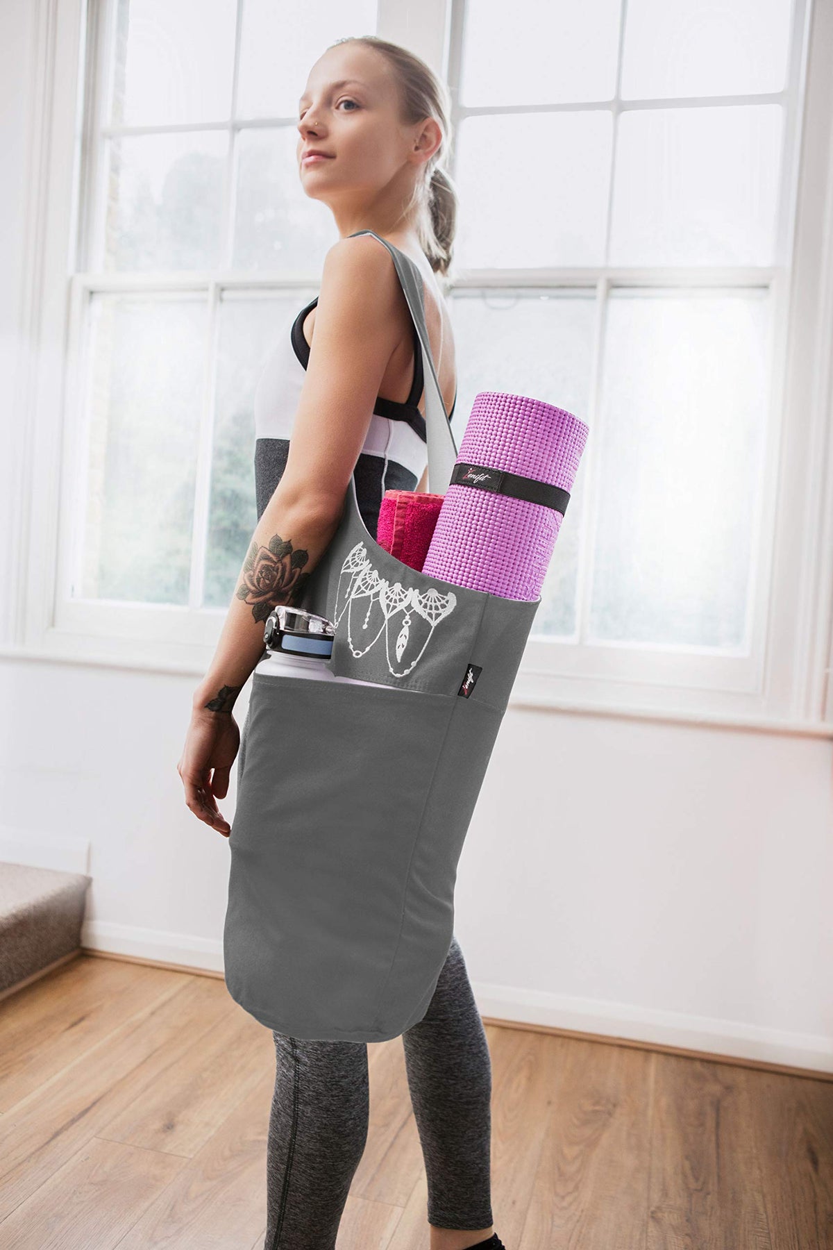Yoga Mat Bag & Carrier with Pockets for Women, Gray & White