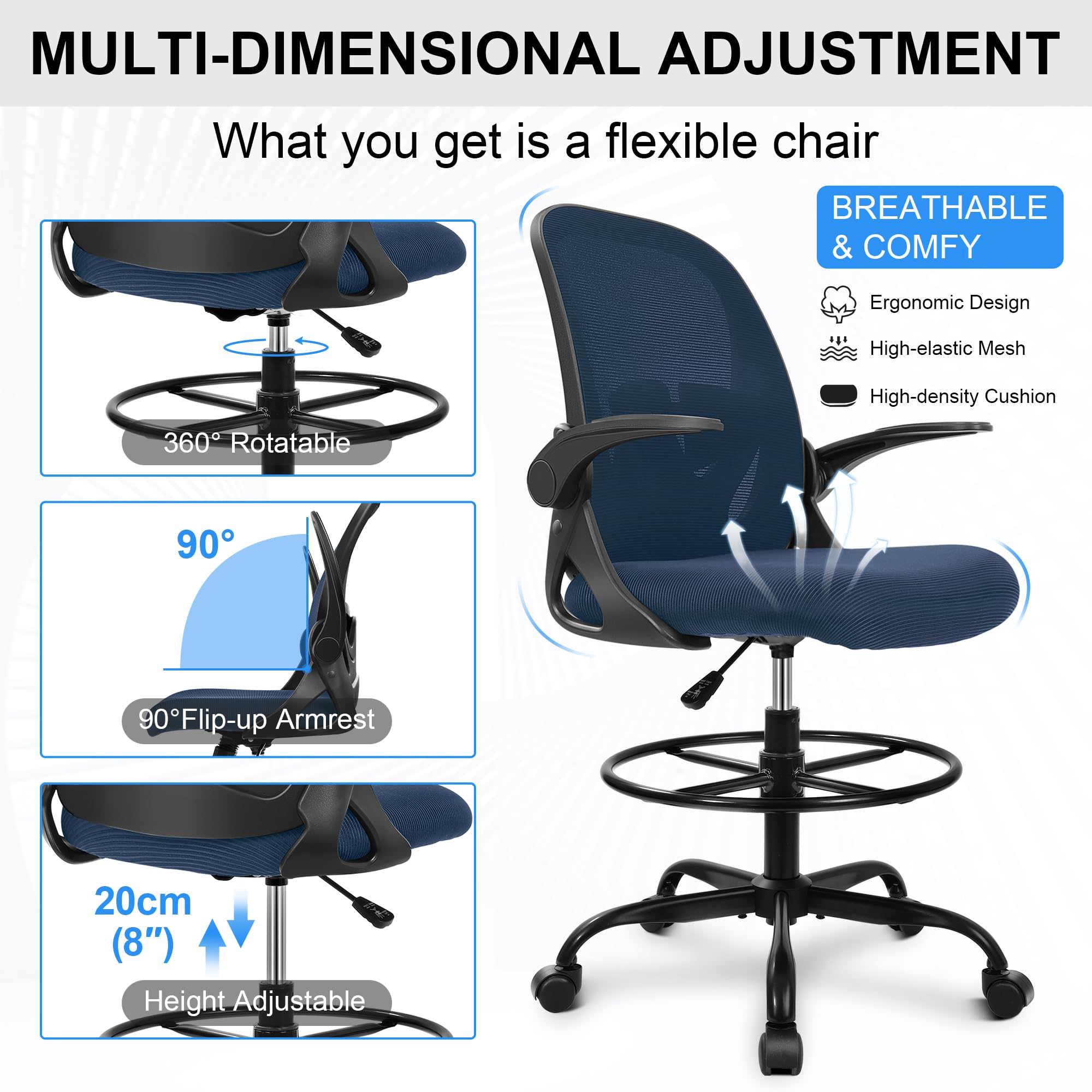 Drafting Chair Tall Office Chair with Flip-up Armrests Executive Ergonomic Computer Standing Desk Chair with Lumbar Support and Adjustable Footrest Ring (Navy)