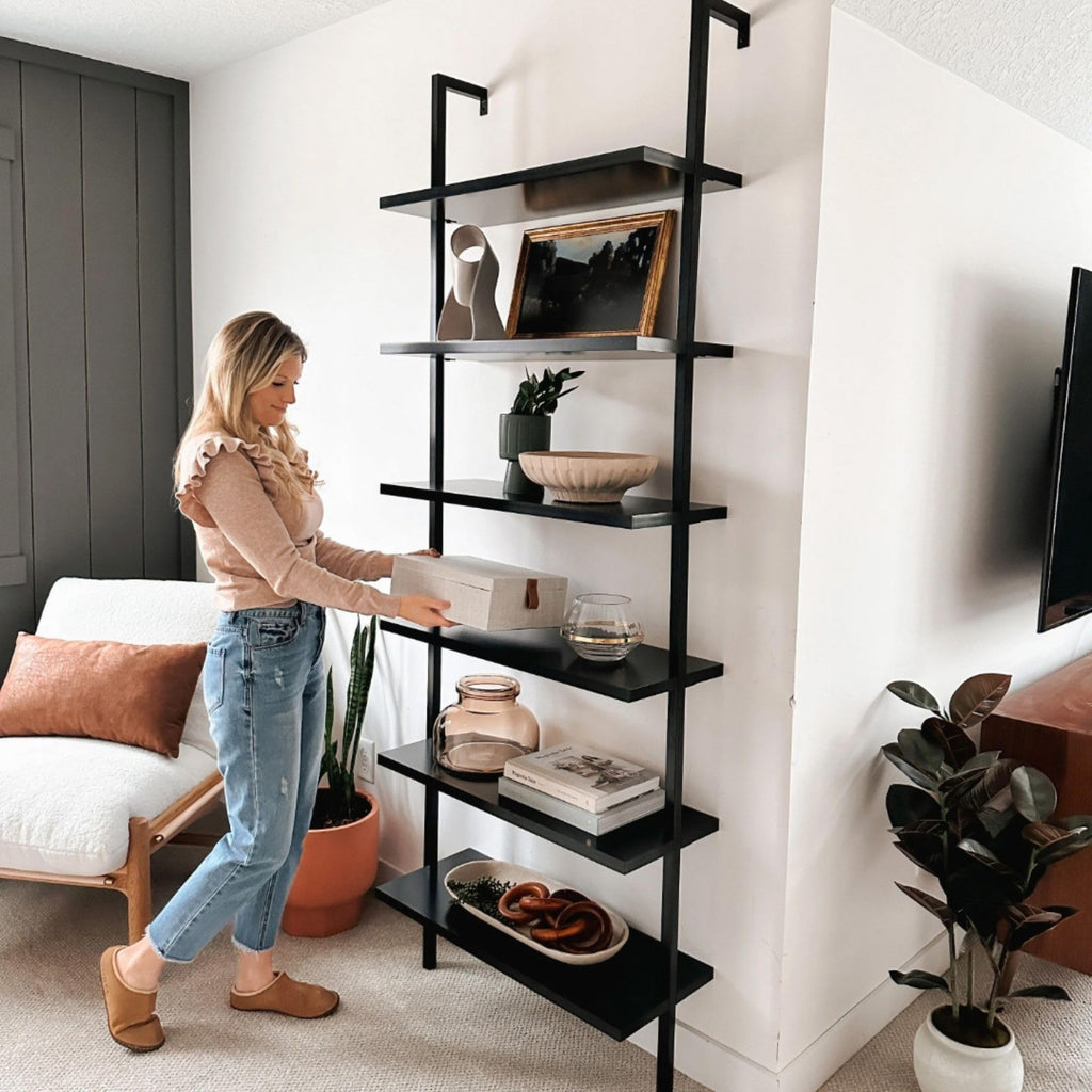 Set of 3, 6-Shelf Tall Bookcase, Wall Mount Bookshelf Wood Shelves and Metal Frame, Matte Black