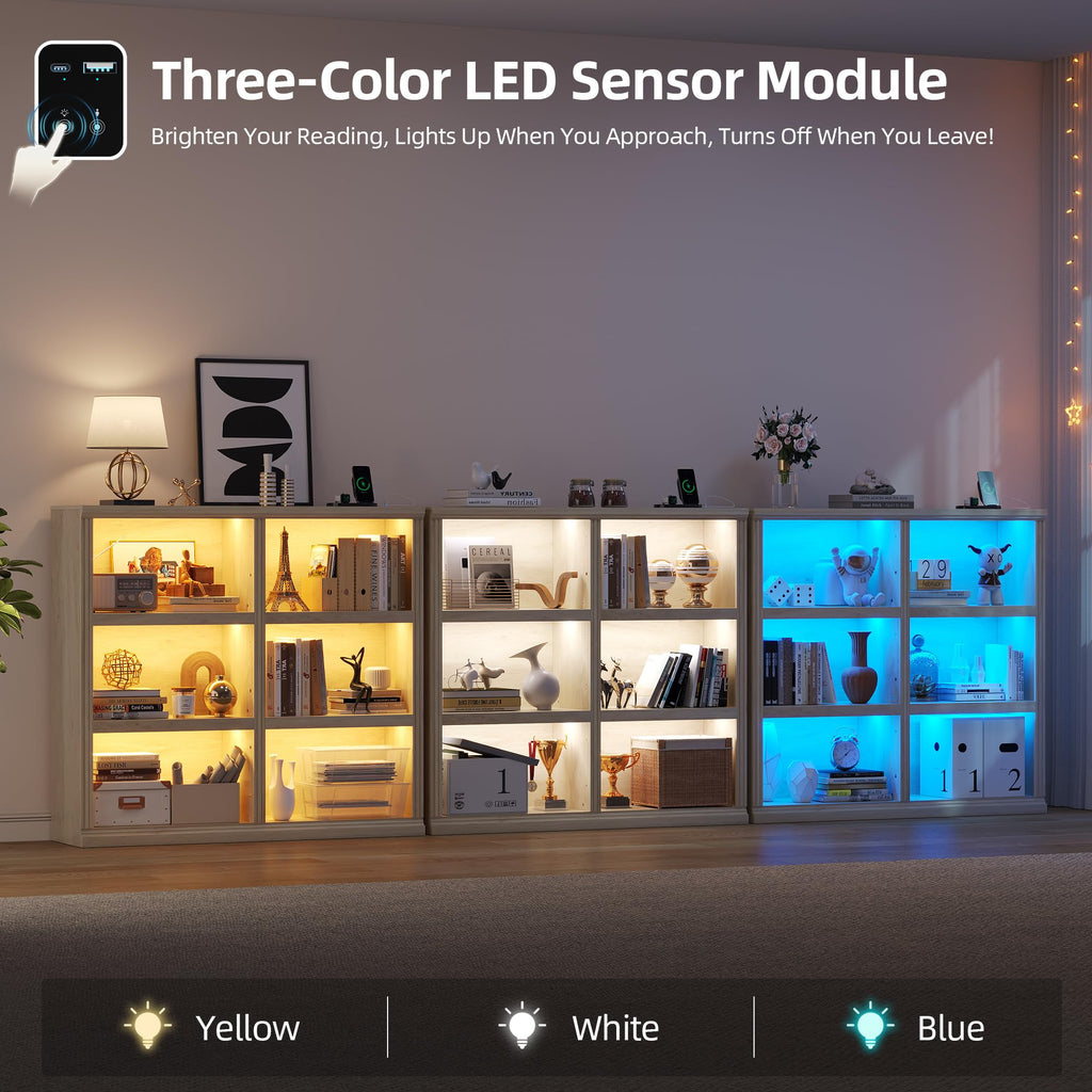 6-Cube LED Bookshelf with Motion Sensor and USB Type-C - Natural Wood