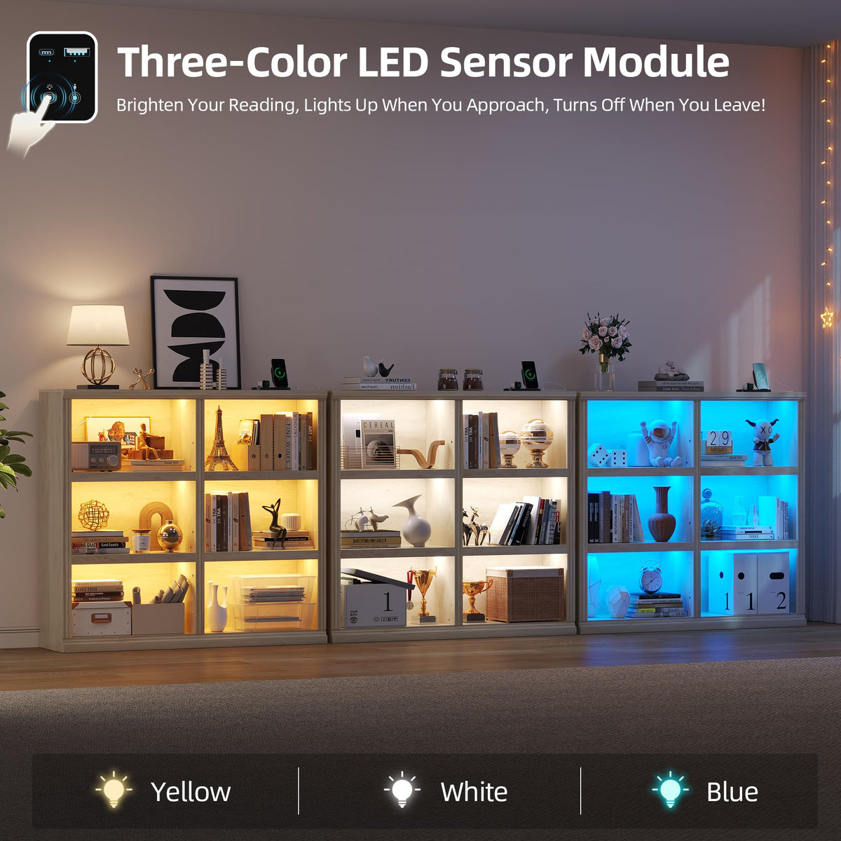 6-Cube LED Bookshelf with Motion Sensor and USB Type-C - Natural Wood