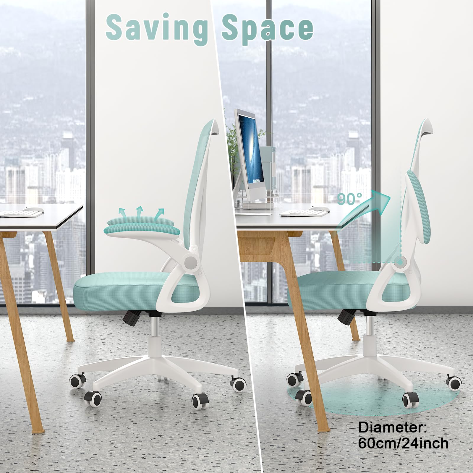 Ergonomic Office Chair, Computer Chair with Adjustable Height, Flip-Up Arms and Lumbar Support, Breathable Mesh Desk Chair for Home Study Working (Without Headrest, Green)