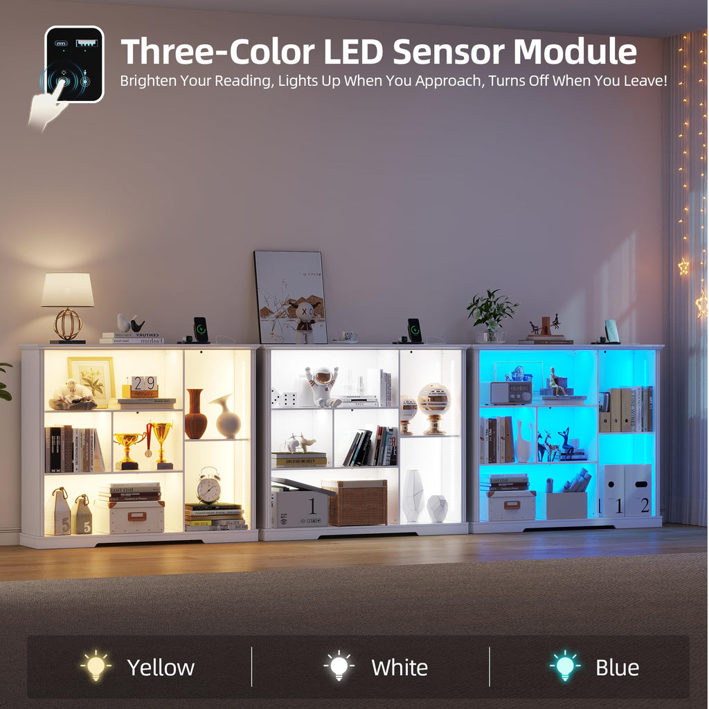 LED Bookcase with 3 Tiers, Motion Sensor and USB Charging - White