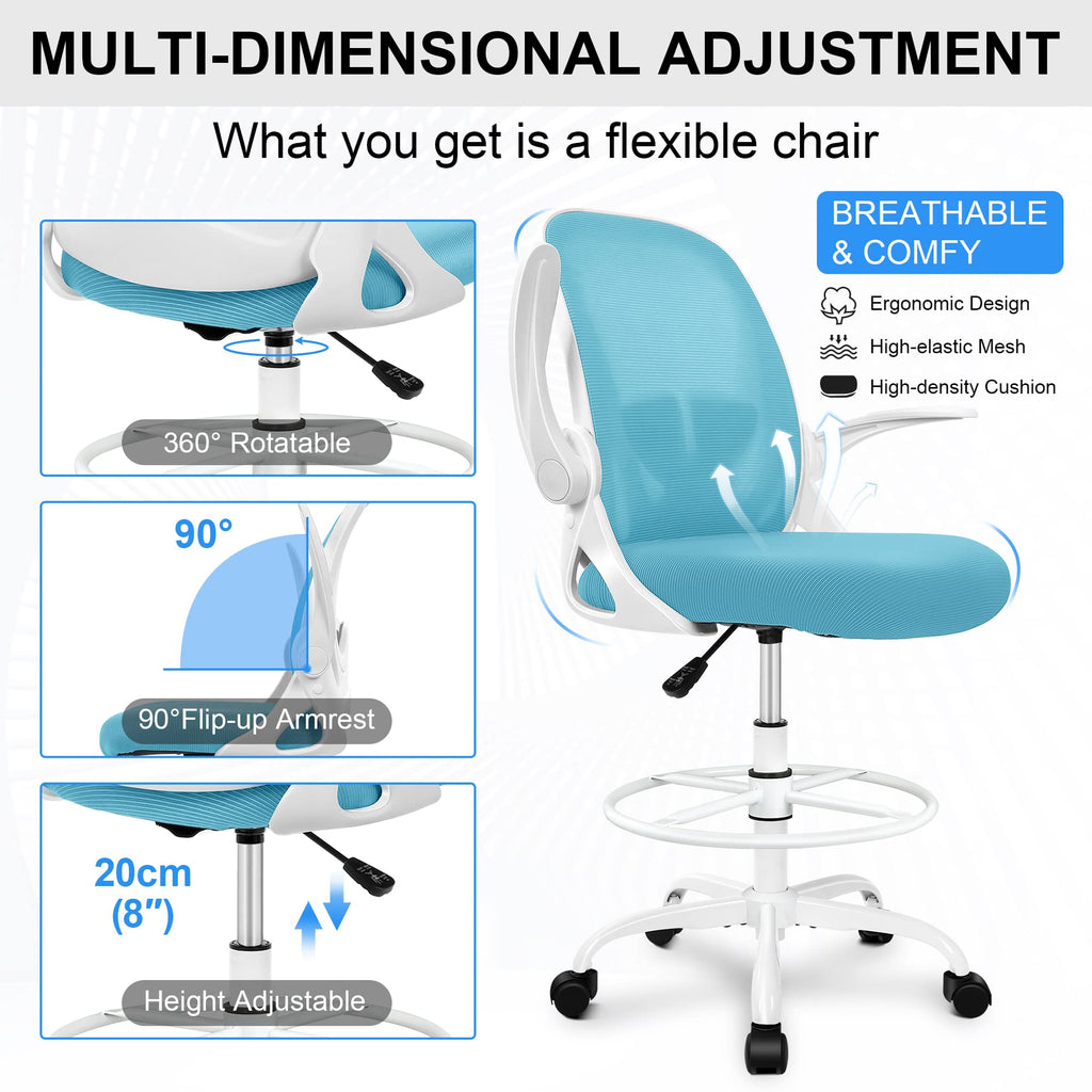 Drafting Chair Tall Office Chair with Flip-up Armrests Executive Ergonomic Computer Standing Desk Chair with Lumbar Support and Adjustable Footrest Ring（Blue）
