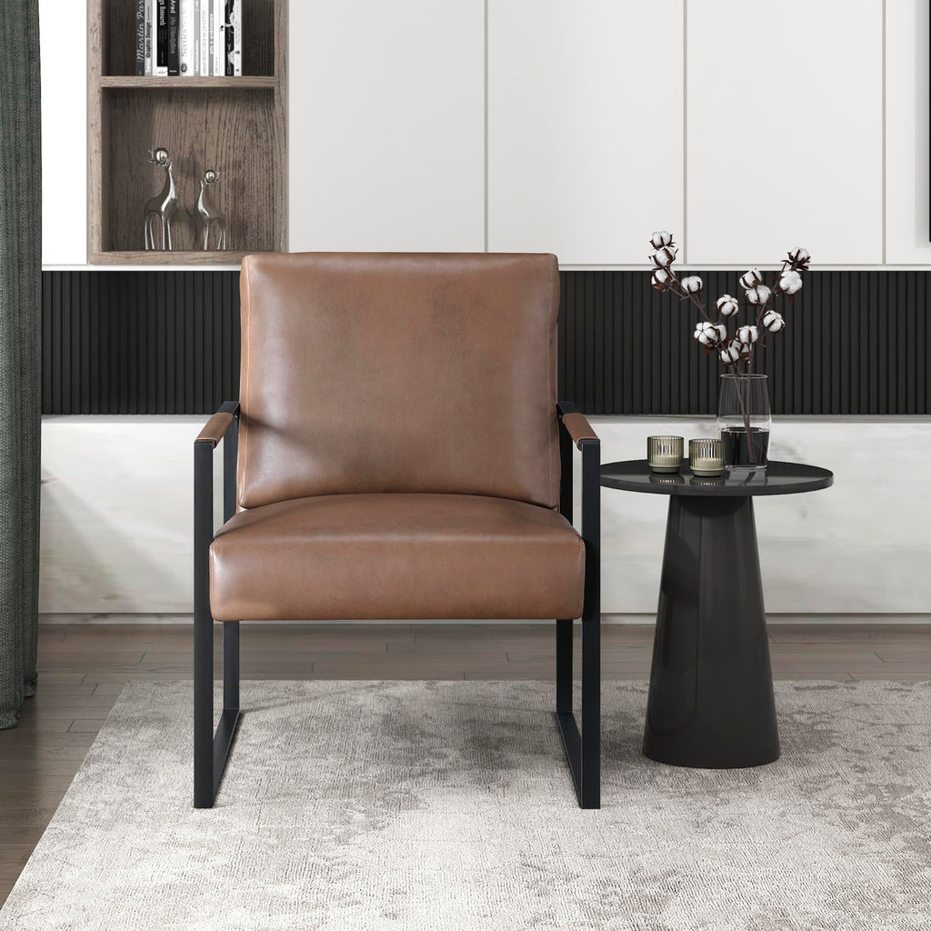 Modern Accent Chair, Faux Leather Upholstered Chair with Wrapped Armrests, Arm Chair with Black Metal Frame, Comfy Single Chair for Living Room/Bedroom/Reading Room/Office, Brown
