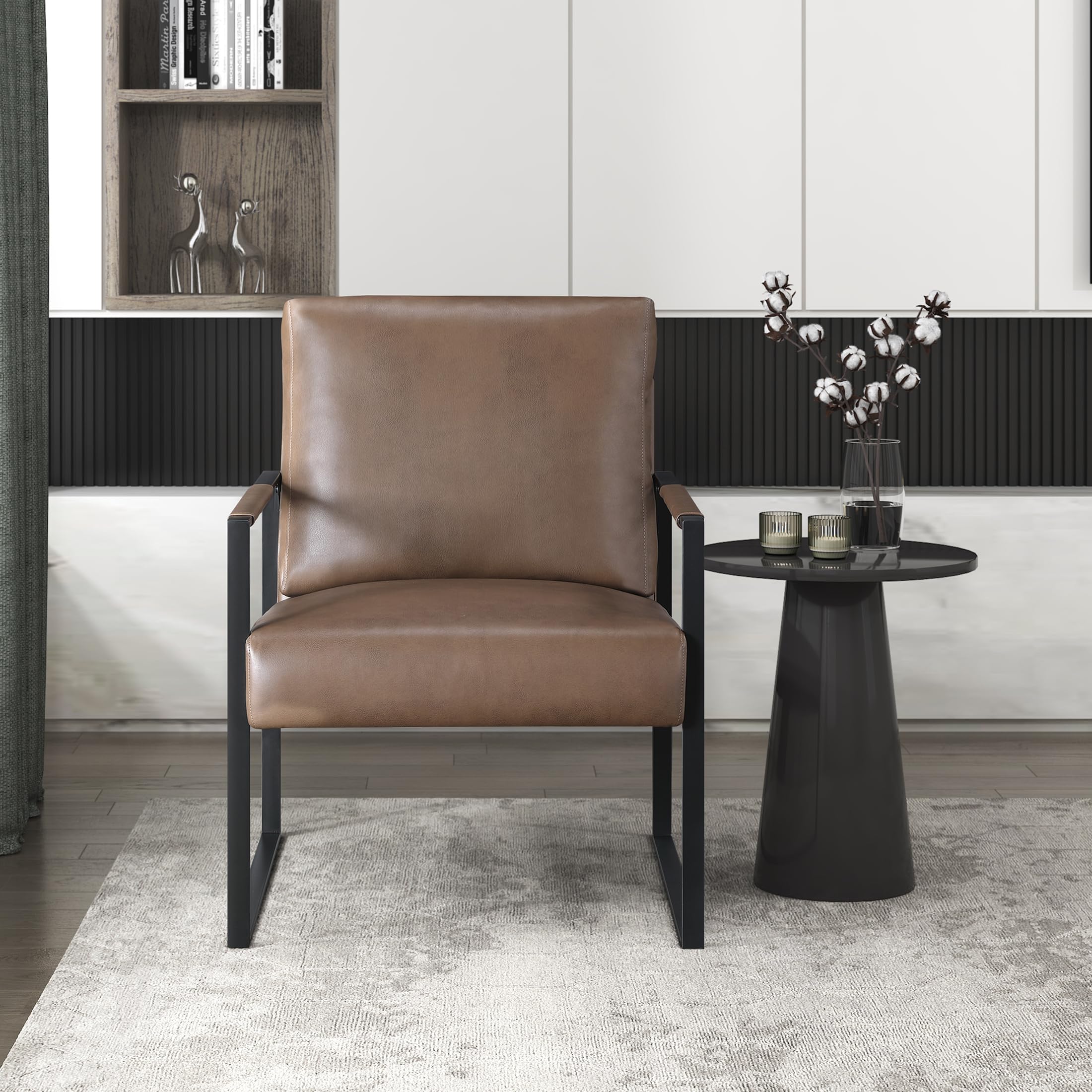 Modern Accent Chair, Faux Leather Upholstered Chair with Wrapped Armrests, Arm Chair with Black Metal Frame, Comfy Single Chair for Living Room/Bedroom/Reading Room/Office, Brown