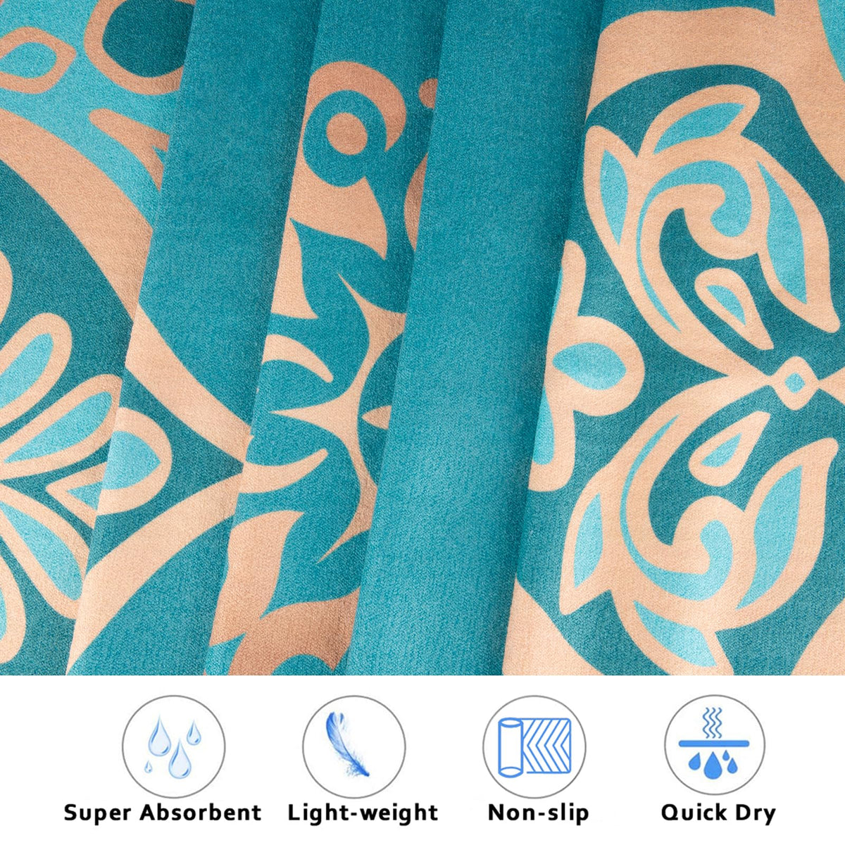 Hot Yoga Towel with Grip Dots, Non Slip, 70"x26, Turquoise Mandala
