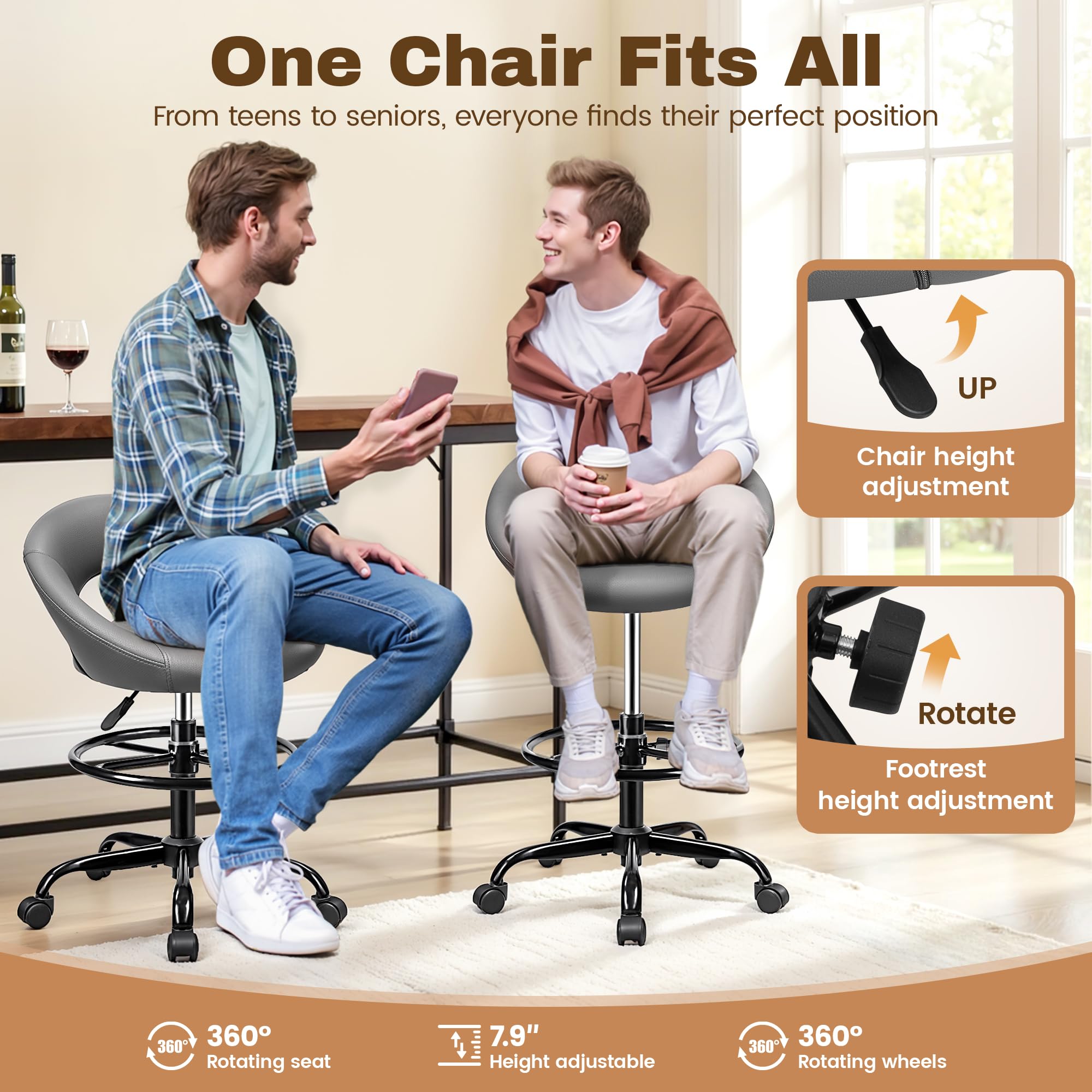 Drafting Chair for Standing Desk, Height Adjustable Rolling Stool with Backrest & Footrest, Tall 360° Swivel PU Leather Stool Chair with Wheels for Office, Gray