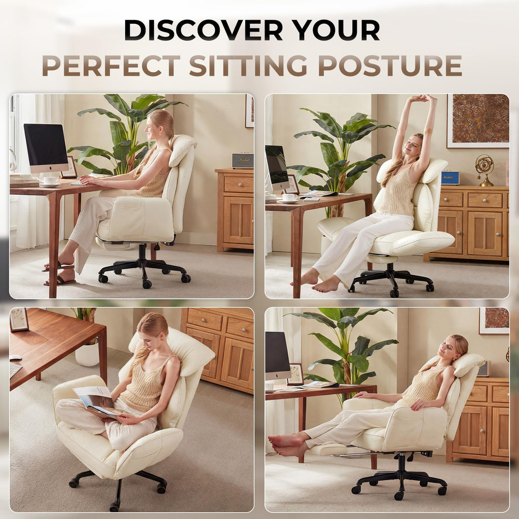 Cross Legged Office Chair with Pivoting Armrests,Criss Cross Chair with Pocket Spring Seat & Back,Reclining Computer Gaming Chair with Footrest and Metal Base (Cream)
