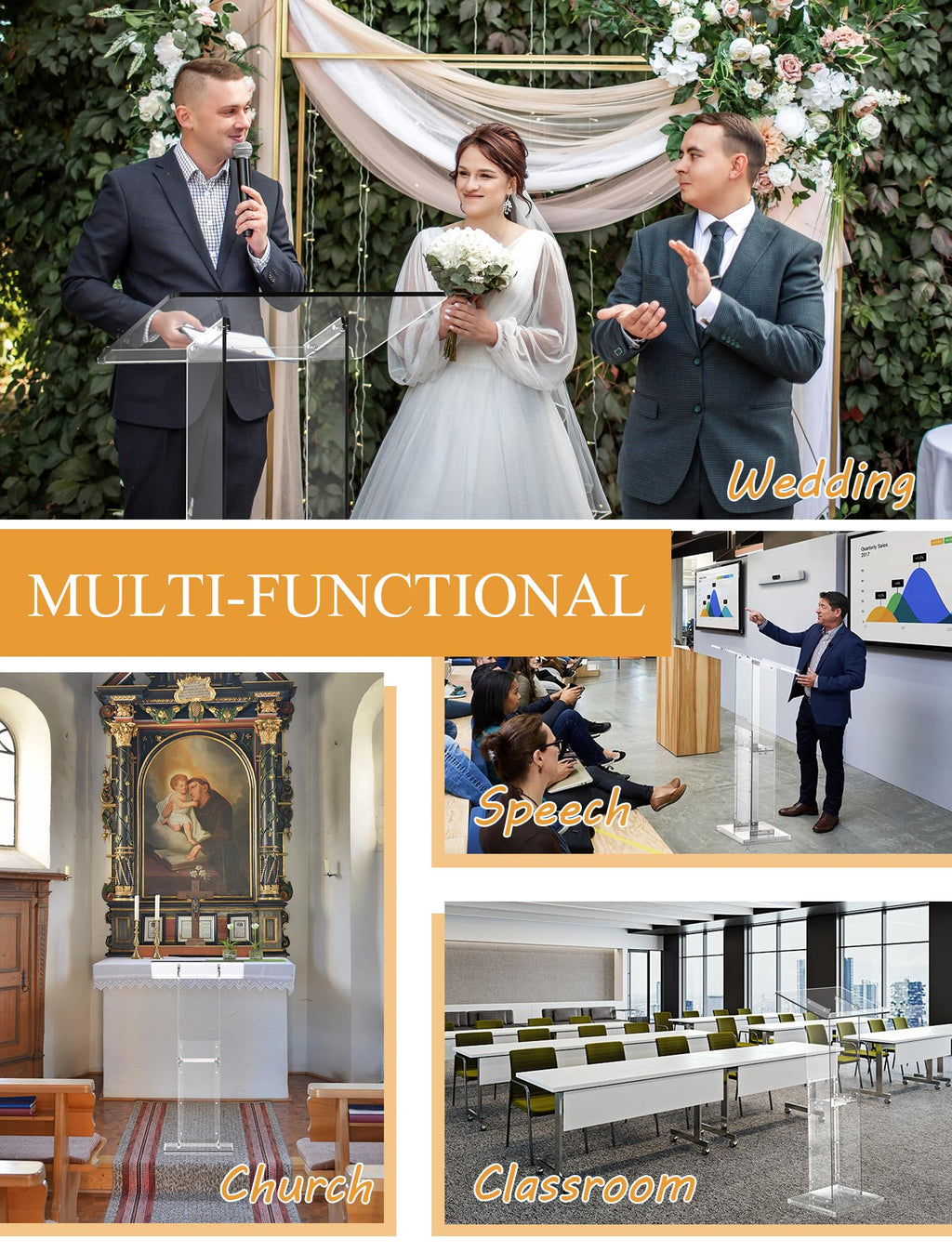Acrylic Podium Stand with Storage Shelf, 45.5" Modern Clear Lectern with Reading Platform for Classroom, Weddings, Conference, Concert, Professional Presentation Podiums