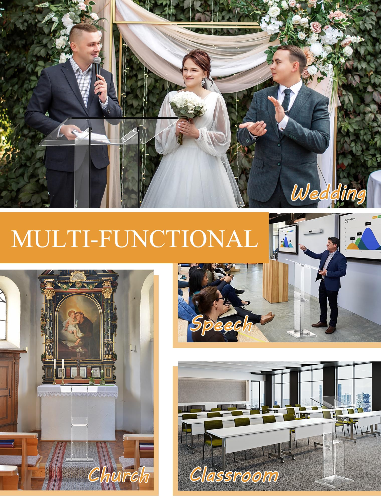 Acrylic Podium Stand with Storage Shelf, 45.5" Modern Clear Lectern with Reading Platform for Classroom, Weddings, Conference, Concert, Professional Presentation Podiums