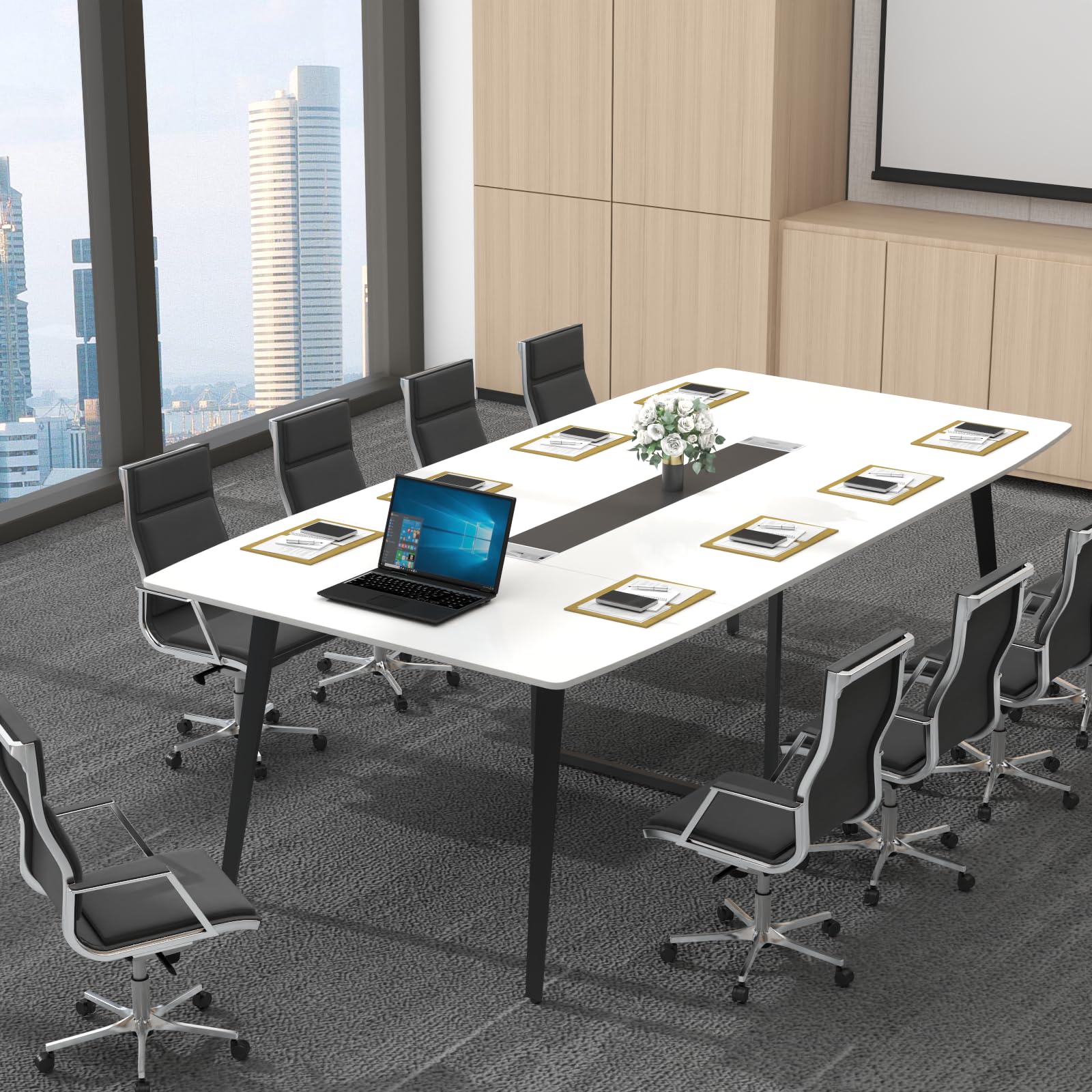 8FT Conference Table, 94.49" L x 47.24" W x 29.53" H Meeting Seminar Table with Grommet, Large Boat Shaped Computer Desk, Boardroom Desk for Office Meeting Conference Room,White