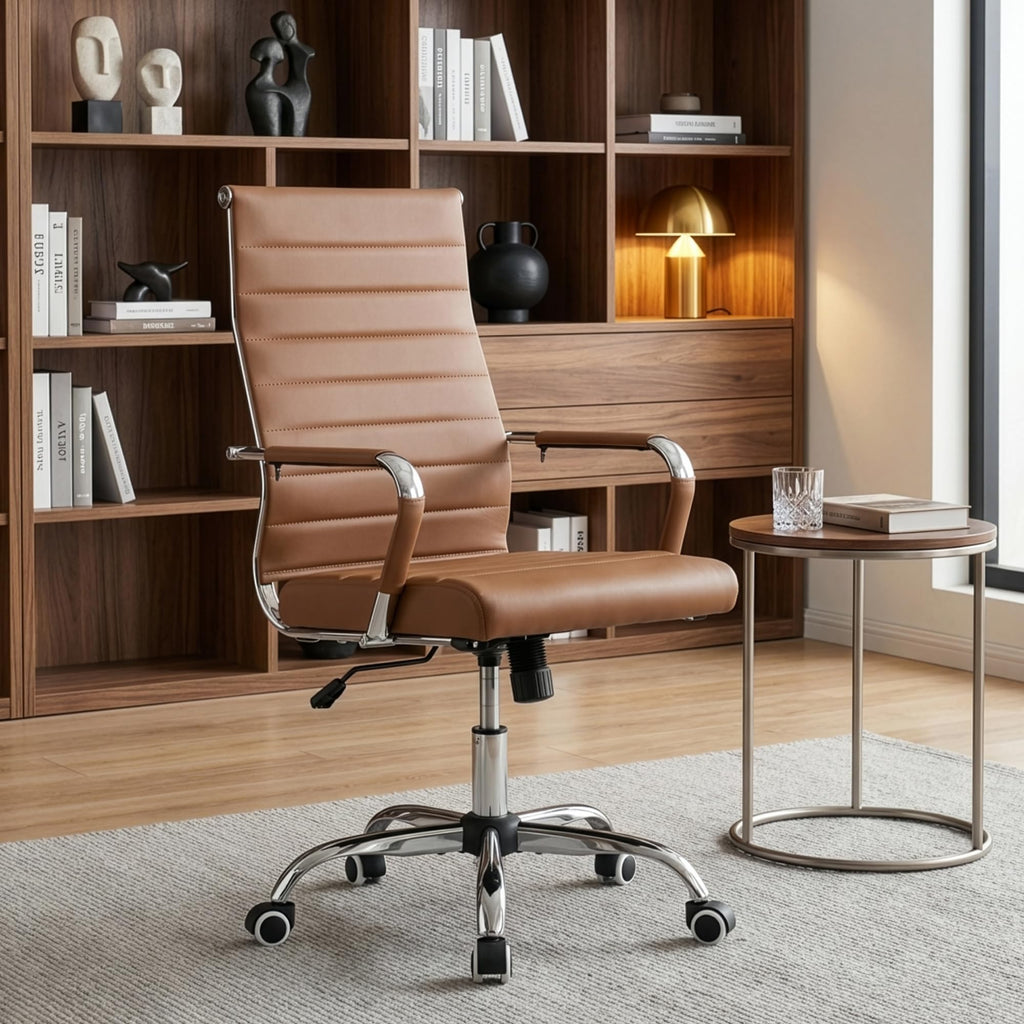 Ergonomic Office Desk Chair, Ribbed Leather Modern Conference Room Chairs, Executive Adjustable Swivel Rolling Chair for Home & Office.