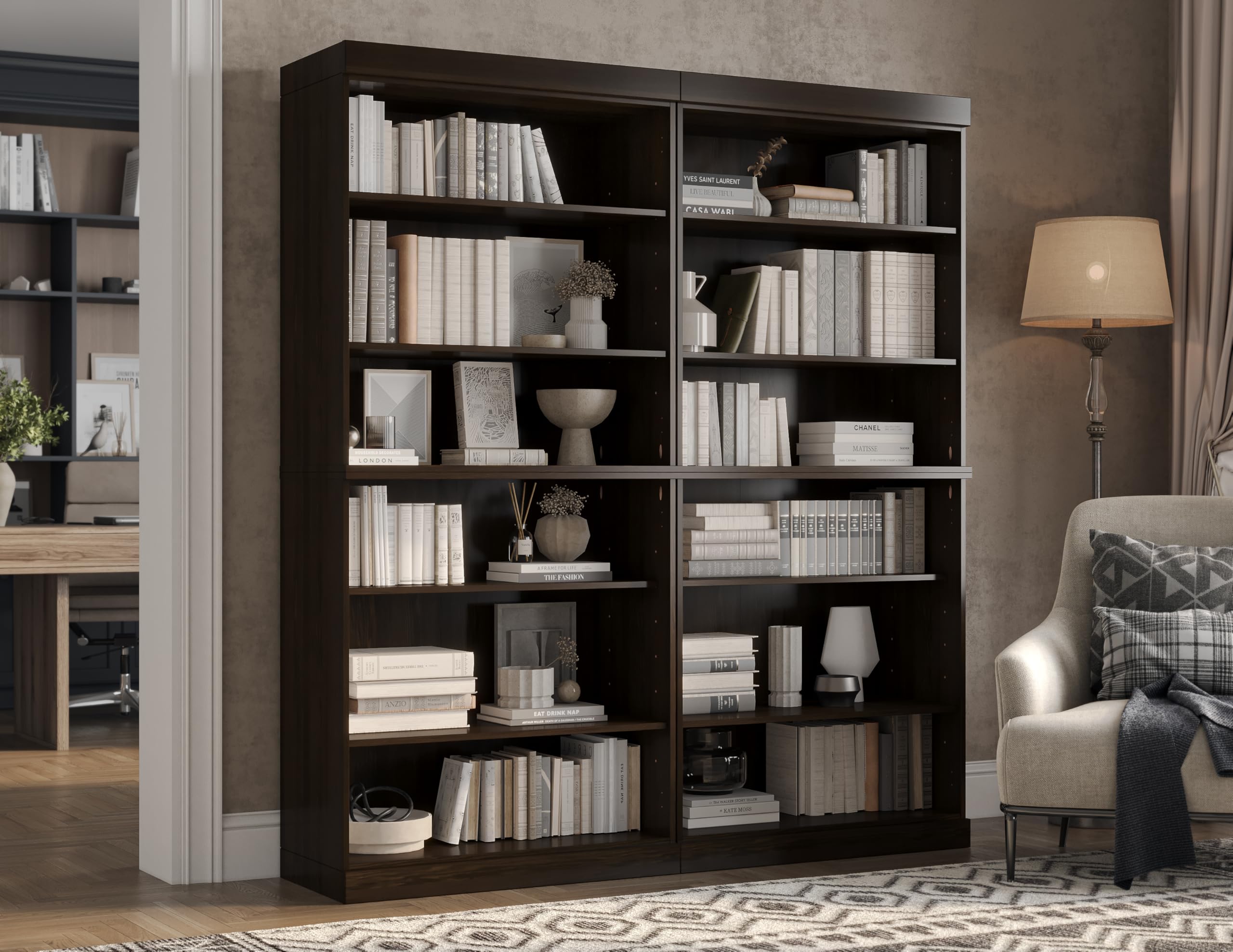 Solid Wood Bookcase - 64" Wide Wooden Book Shelf - 12-Tier Espresso Bookshelf, Modular Cabinets with Adjustable Shelves - 71.5" Tall Bookcases for Living Room - 100% Eco-Friendly Wood