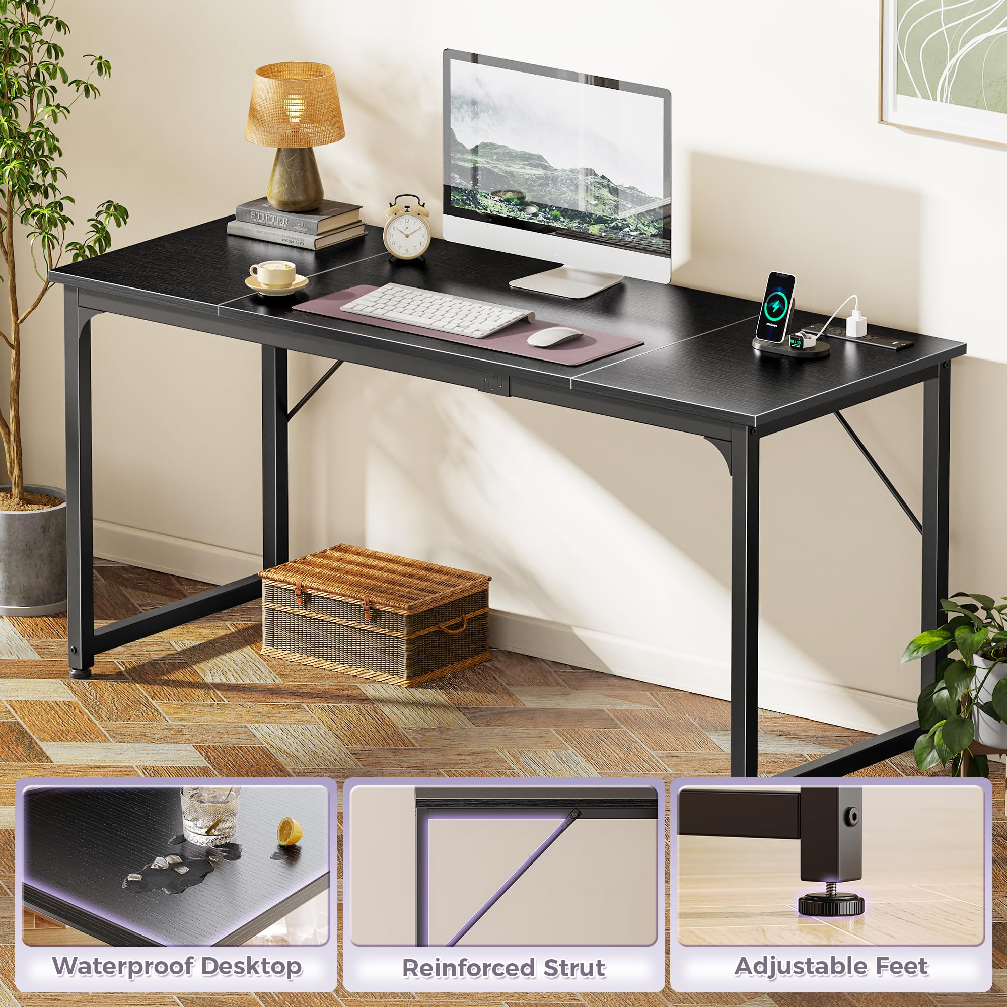 63 X 24 Inch Office Computer Desk with Power Outlets and USB-C Port, Larger and Longer Gaming Desk, for Home Office, Study, Writing Work from Home Table, Metal Frame, Black