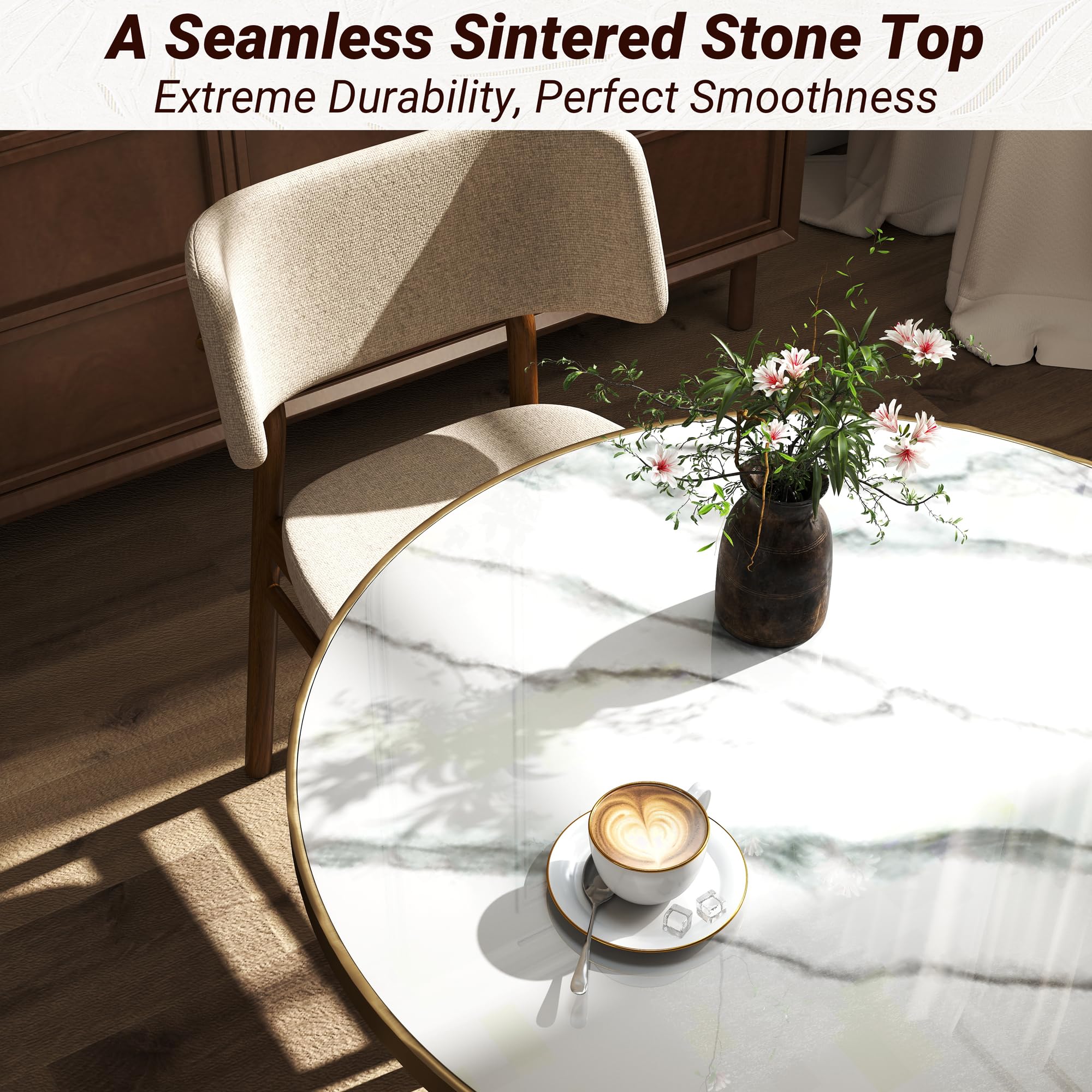 hausway 31.5" Tulip Table,Round Kitchen Dining Table for 2-4 with Thick Sintered Stone Top,Titanium Golden Pedestal Base,Heat-Resistant,Bistro Table for Dining Room,Café,Small Space（Flowing Traces）