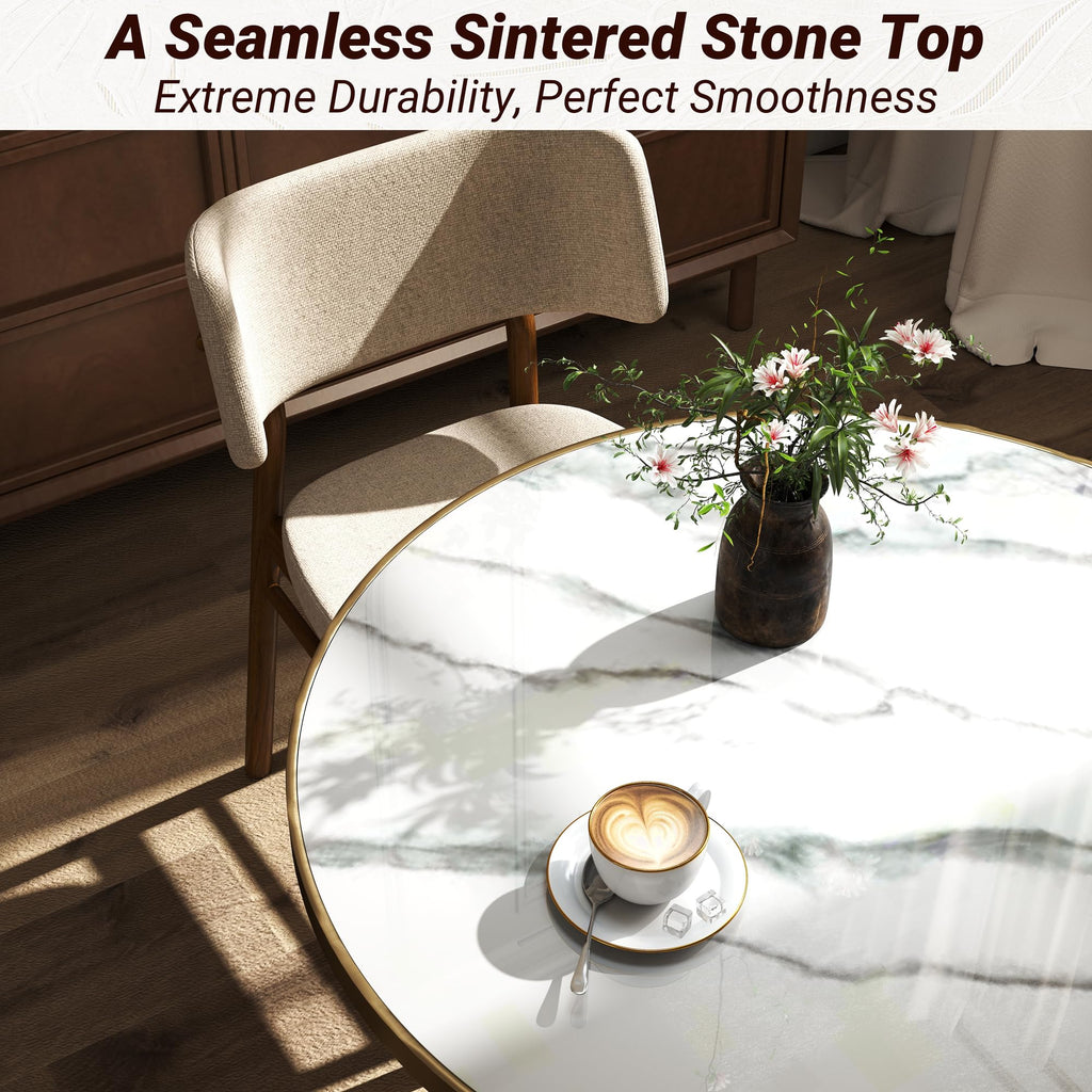 hausway 31.5" Tulip Table,Round Kitchen Dining Table for 2-4 with Thick Sintered Stone Top,Titanium Golden Pedestal Base,Heat-Resistant,Bistro Table for Dining Room,Café,Small Space（Flowing Traces）