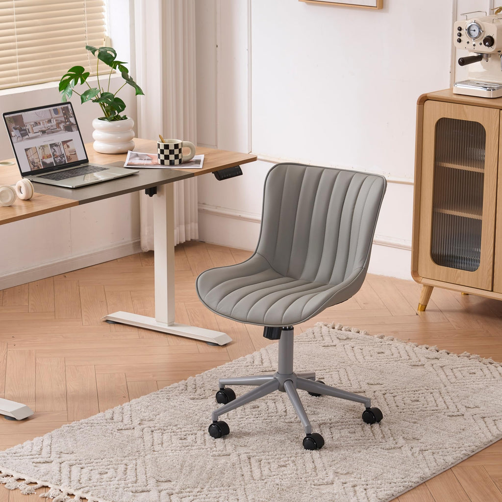 Home Office Desk Chair with Wheels Armless Vanity Chair with Back Comfy Modern Leather Upholstered Rolling Task Chair Swivel Small Cute Sewing Chair No Arms Wide Adjustable Ergonomic Grey