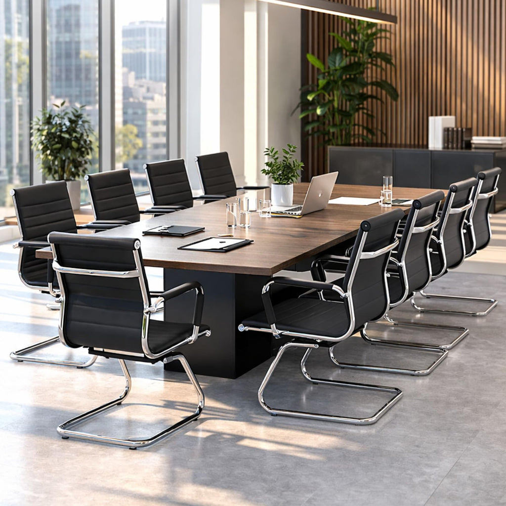 Conference Room Chairs Set of 8, Faux Leather Office Guest Chairs with Arms, Reception & Waiting Room Seating, No Wheels Meeting Chairs with Mid Back Support and Chrome Sled Base, Black
