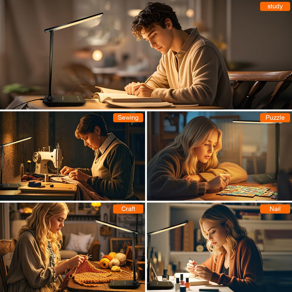 LED Desk Lamp for Office Home, Bright Desk Light with USB Charging Port, Adjustable Dimmable Desk Lamps 5 Modes 5 Brightness, Touch Study Lamp for Nail, Craft, Puzzle, Sewing, Study, Black