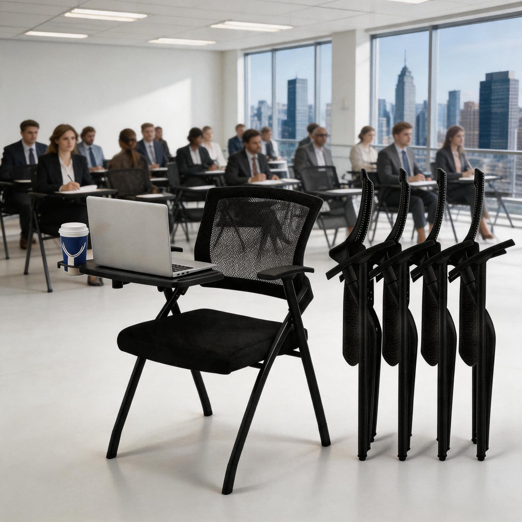 12 Pk, Folding Training Chairs with Desk Attached, Mobile Office Meeting Chair with Writing Tablet and Cup Holder, Space-Saving Nesting Conference Chair for Classroom, Seminar