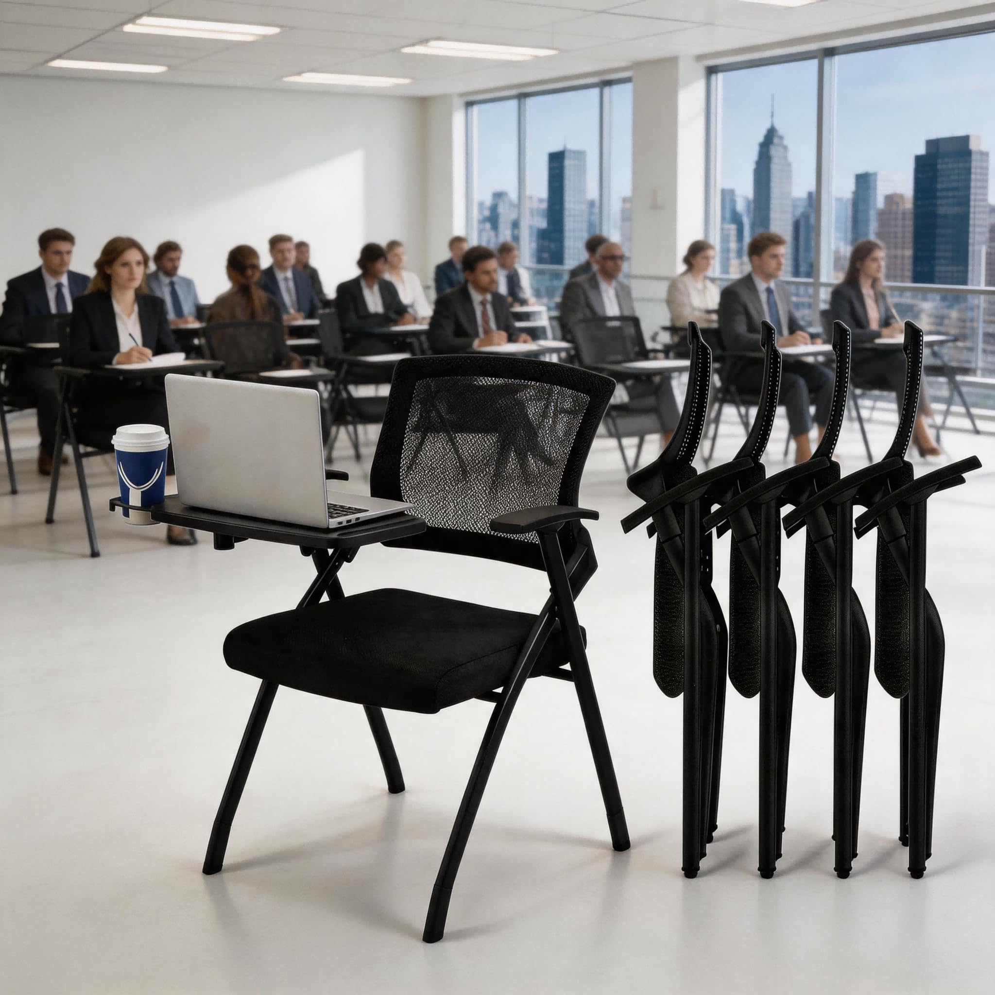 50 pk, Folding Training Chairs with Desk Attached, Mobile Office Meeting Chair with Writing Tablet and Cup Holder, Space-Saving Nesting Conference Chair for Classroom, Seminar