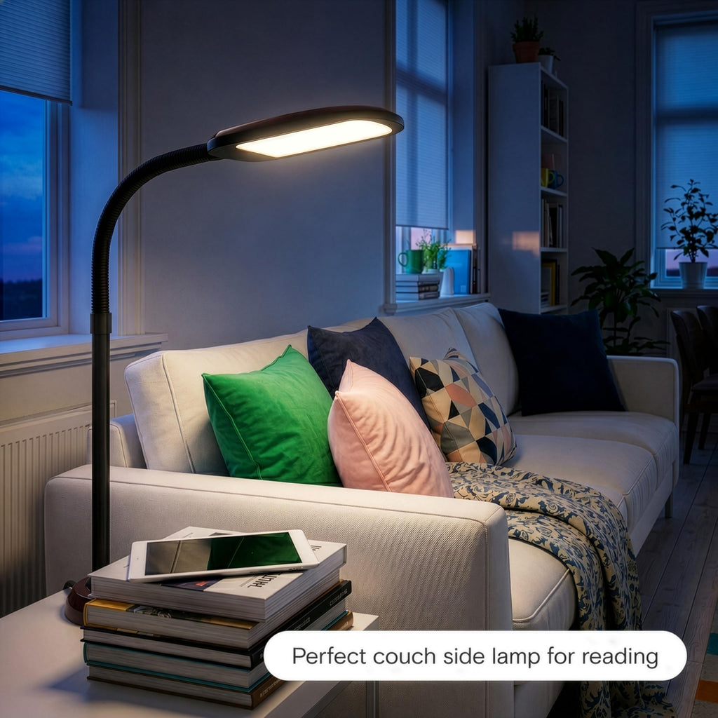 Litespan Slim LED Floor Reading Lamp - Modern Tall Lamp with Adjustable Gooseneck for Living Rooms & Offices - Dimmable Crafts Work Light - Brown