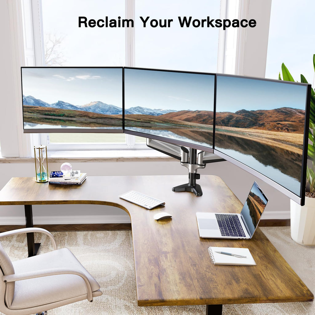 Gaming Triple Monitor Stand, Full Motion Articulating Triple Monitor Mount Fit 17 to 32 inch Flat/Curved LCD Computer Screens with Clamp, Grommet Kit, Silver