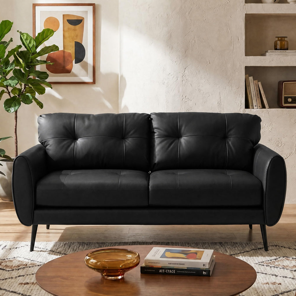 Sofa Couch 61" Small Loveseat Couches for Living Room Leather Couch Mid Century Modern Tufted Mini Sofa Comfy Office 2 Seat Settee Love Seat for Small Spaces Bedroom (3, Black)