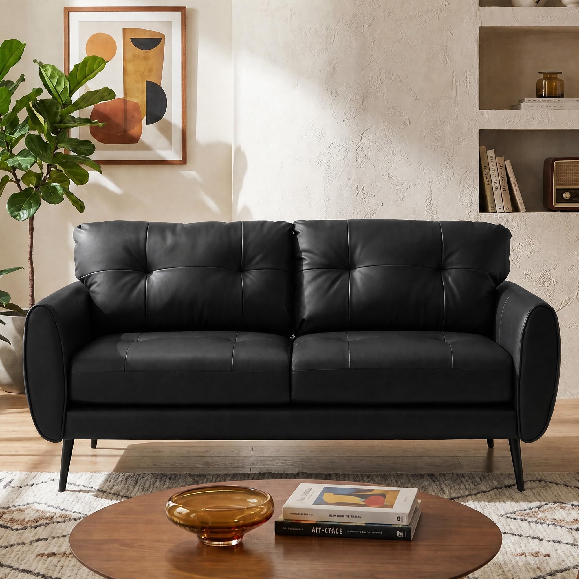 Sofa Couch 61" Small Loveseat Couches for Living Room Leather Couch Mid Century Modern Tufted Mini Sofa Comfy Office 2 Seat Settee Love Seat for Small Spaces Bedroom (3, Black)