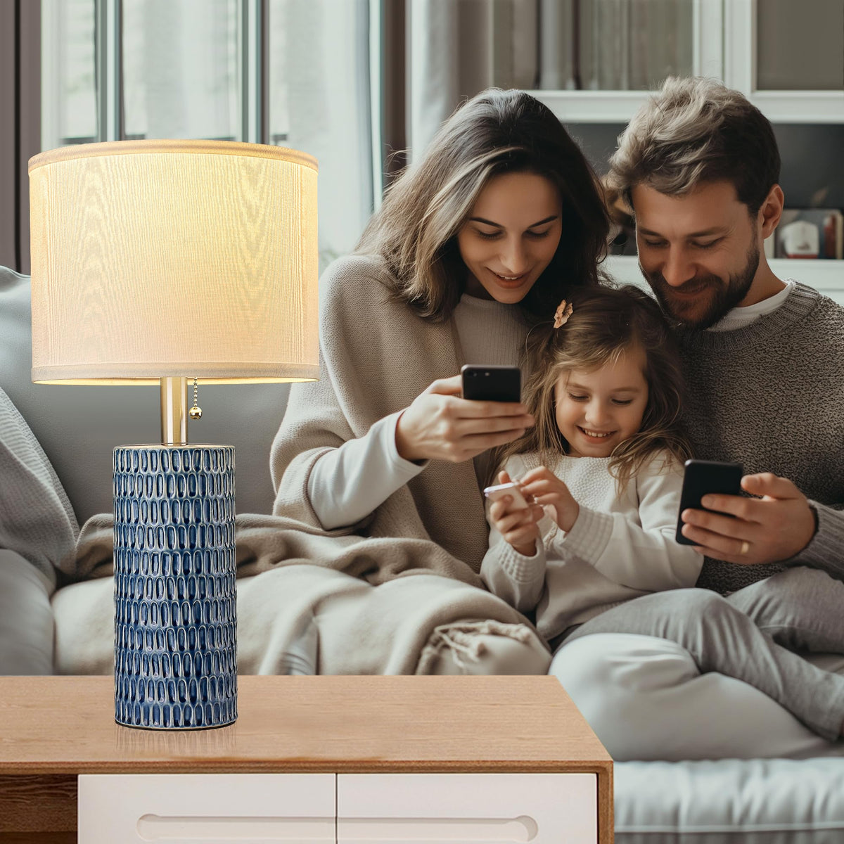 Modern Ceramic Table Lamps Set of 2, Lamps for Bedroom, Dark Blue