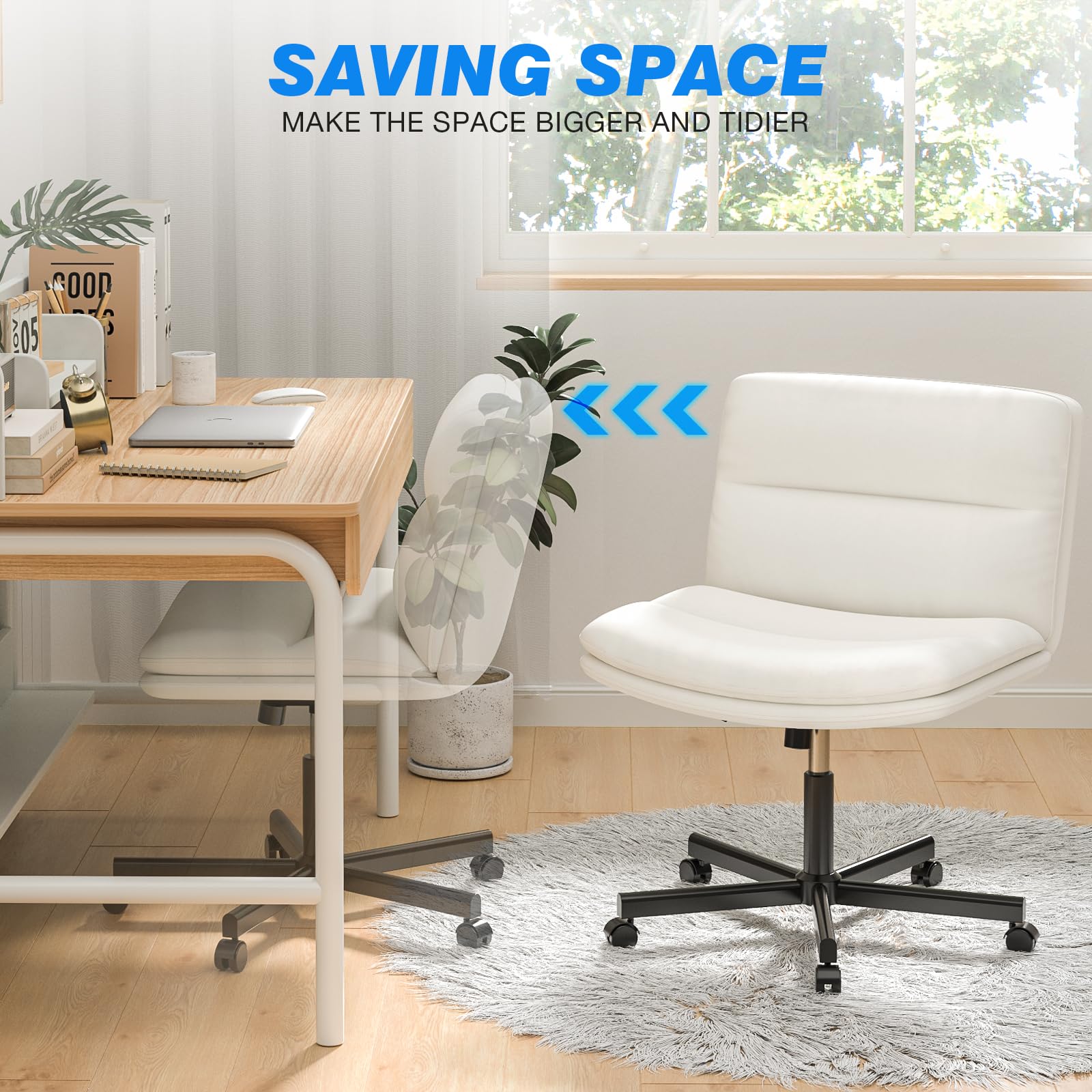 Ergonomic Armless Criss Cross Chair with Height Adjustable and Swivel, Wide & Thickened Cushion Cross Legged Vanity Chair, Comfortable PU Leather Desk Chair for Computer Task and Make Up, White