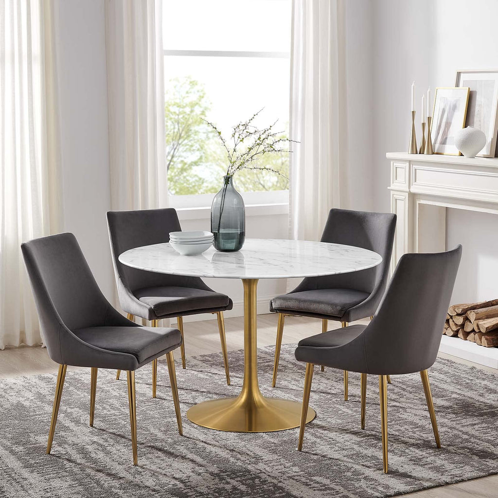 Modway Lippa 47" Mid-Century Dining Table with Round Artificial Marble Top in Gold White