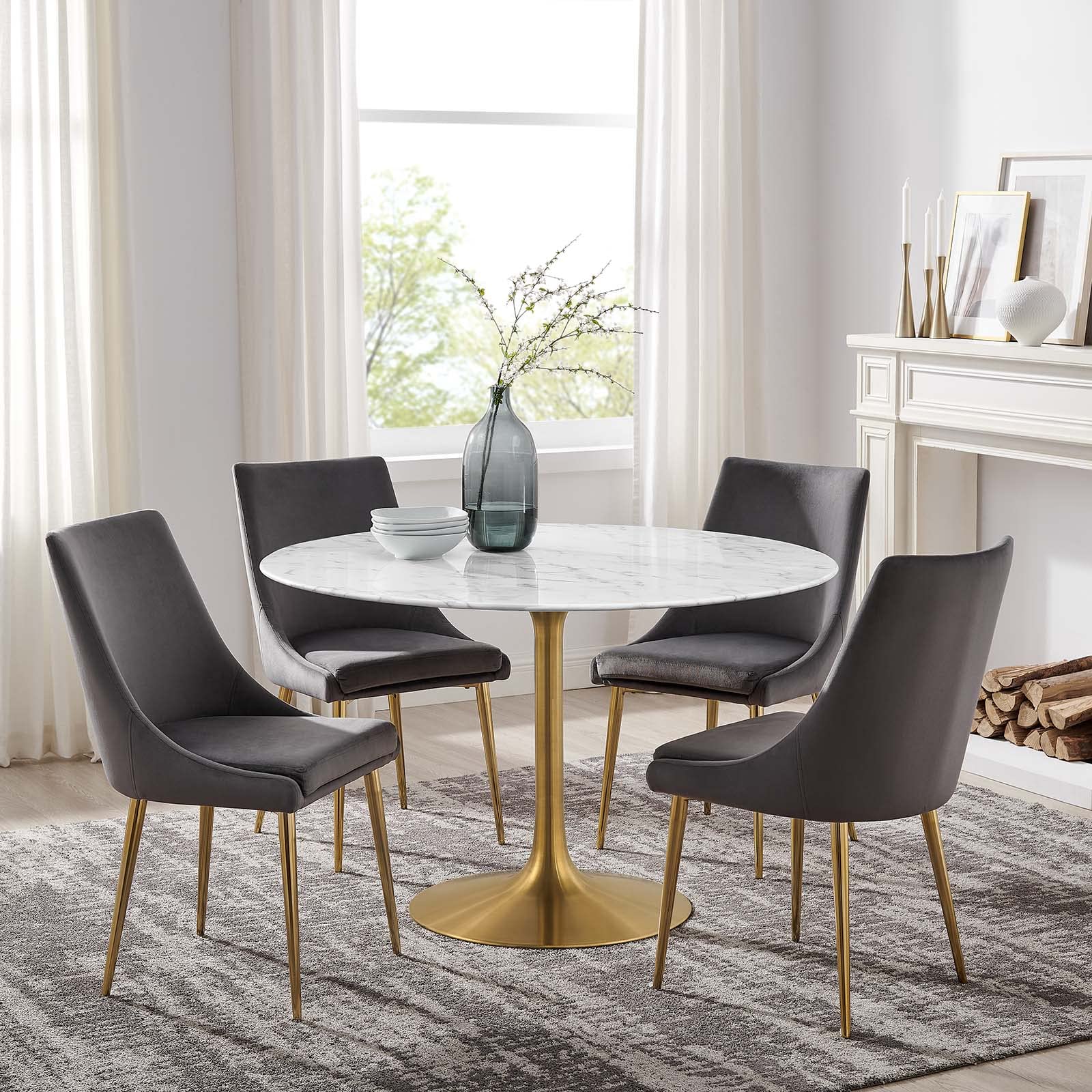 Modway Lippa 47" Mid-Century Dining Table with Round Artificial Marble Top in Gold White