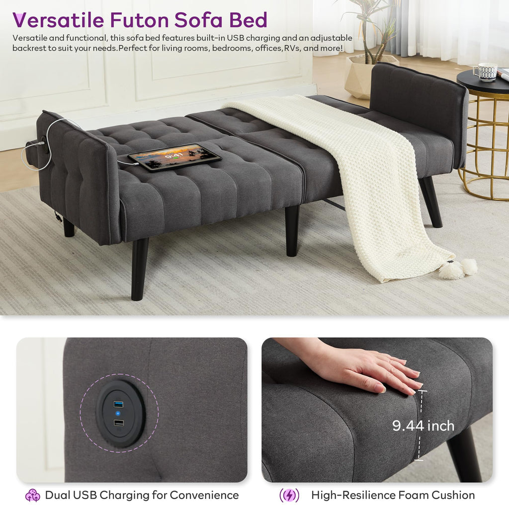 65“ Convertible Futon Sofa Bed w/ 2 USB, Upholstered Tufted Small Adjustable Folding Couch Loveseat, Modern Mid Century Sleeper Sofa for Office, Living Room, Bedroom, Apartment (Dark Grey)