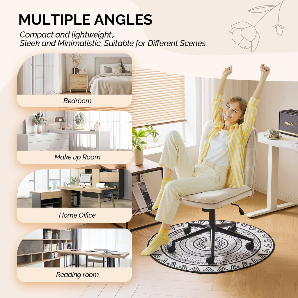 Mid Back Armless Office Desk Chair with Wheels/no Wheels,360°Rocking Swivel Vanity Chair with Thickened Cushion,Adjustable Height Rolling for Reading Room, Make up,Linen Beige